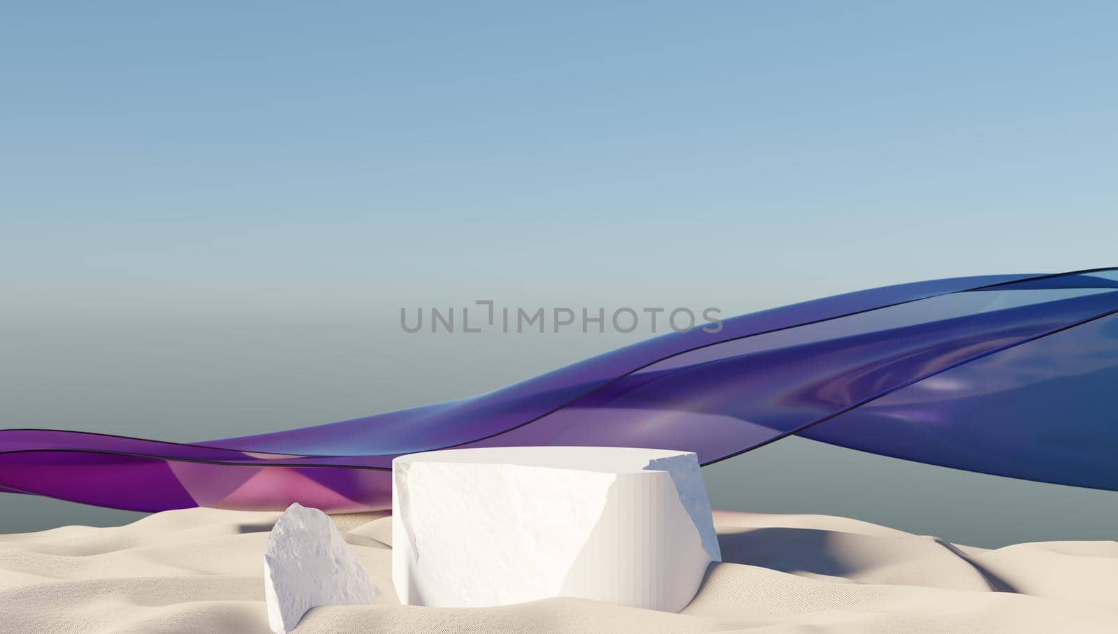 3d rendering of modern minimal cylindrical podium on a desert landscape. Showcase with platform for product displaying