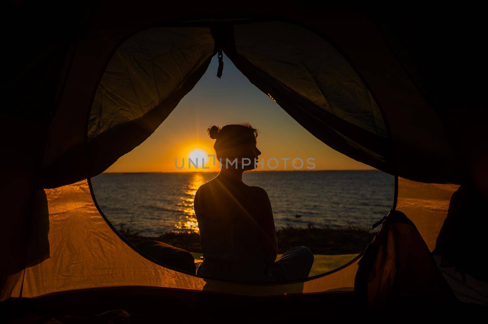 A woman and a dog in a tourist tent at sunrise. Camping with a pet.