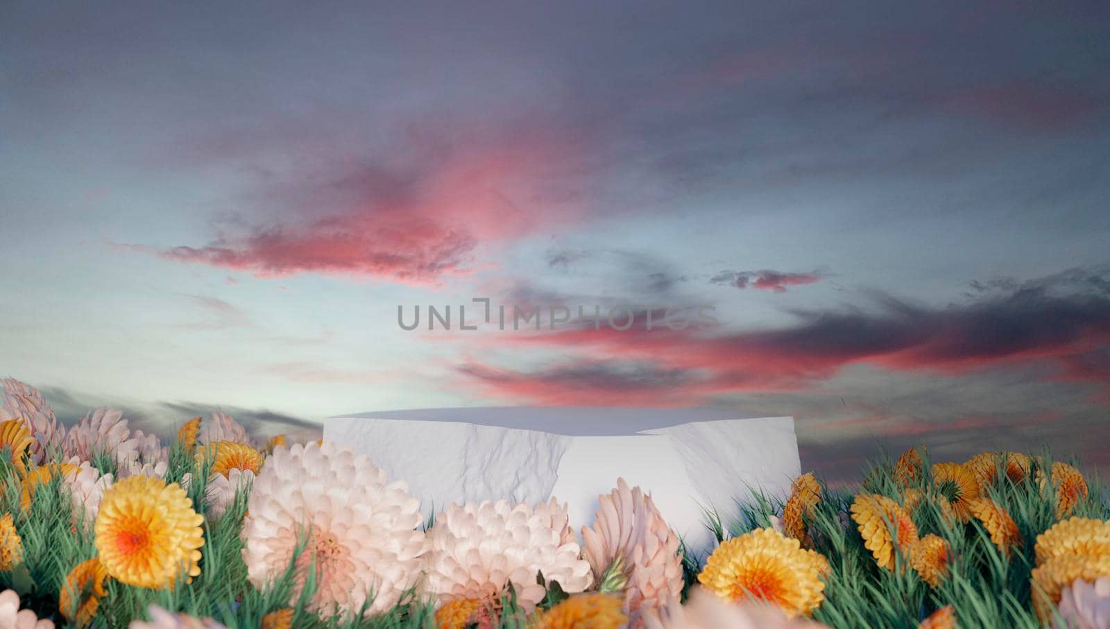 Natural beauty podium backdrop with spring rose flower field scene. 3d rendering. by jbruiz78