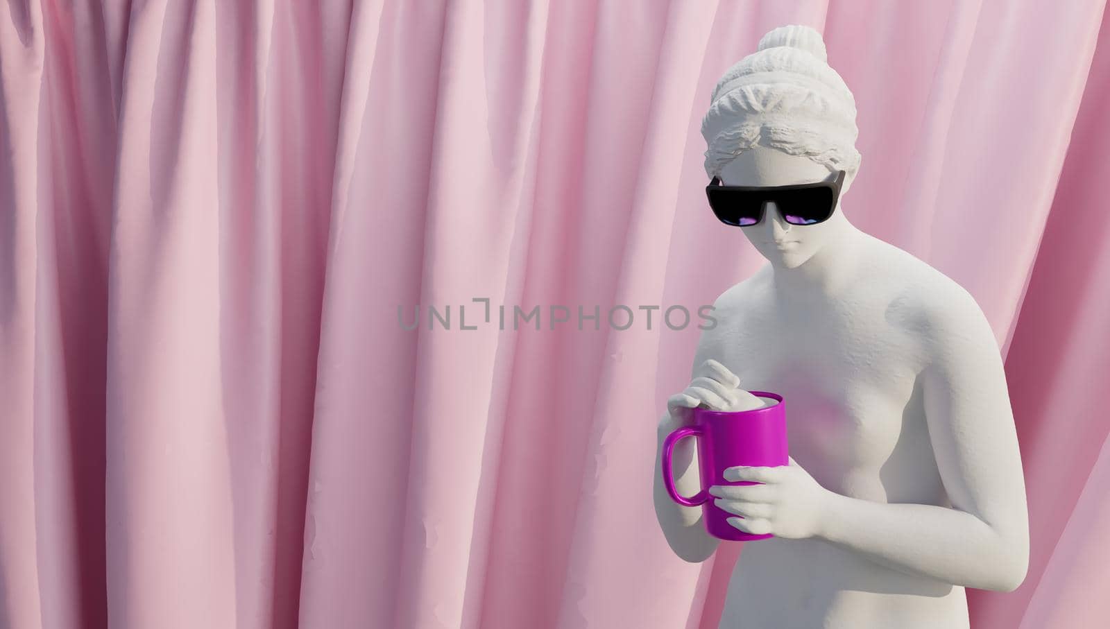 3d rendering. Goddess Hypnos drinking coffee
