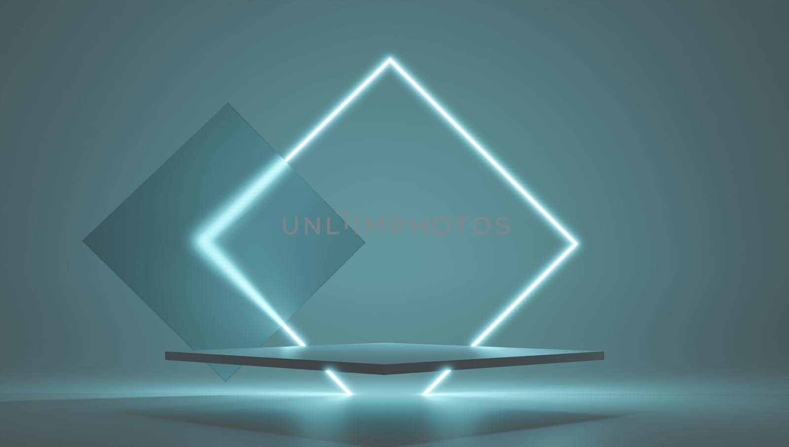 3d render blue platform with neon shining and transparent glass rings. Geometric shapes composition with empty space for product design show. Minimal banner mockup. by jbruiz78