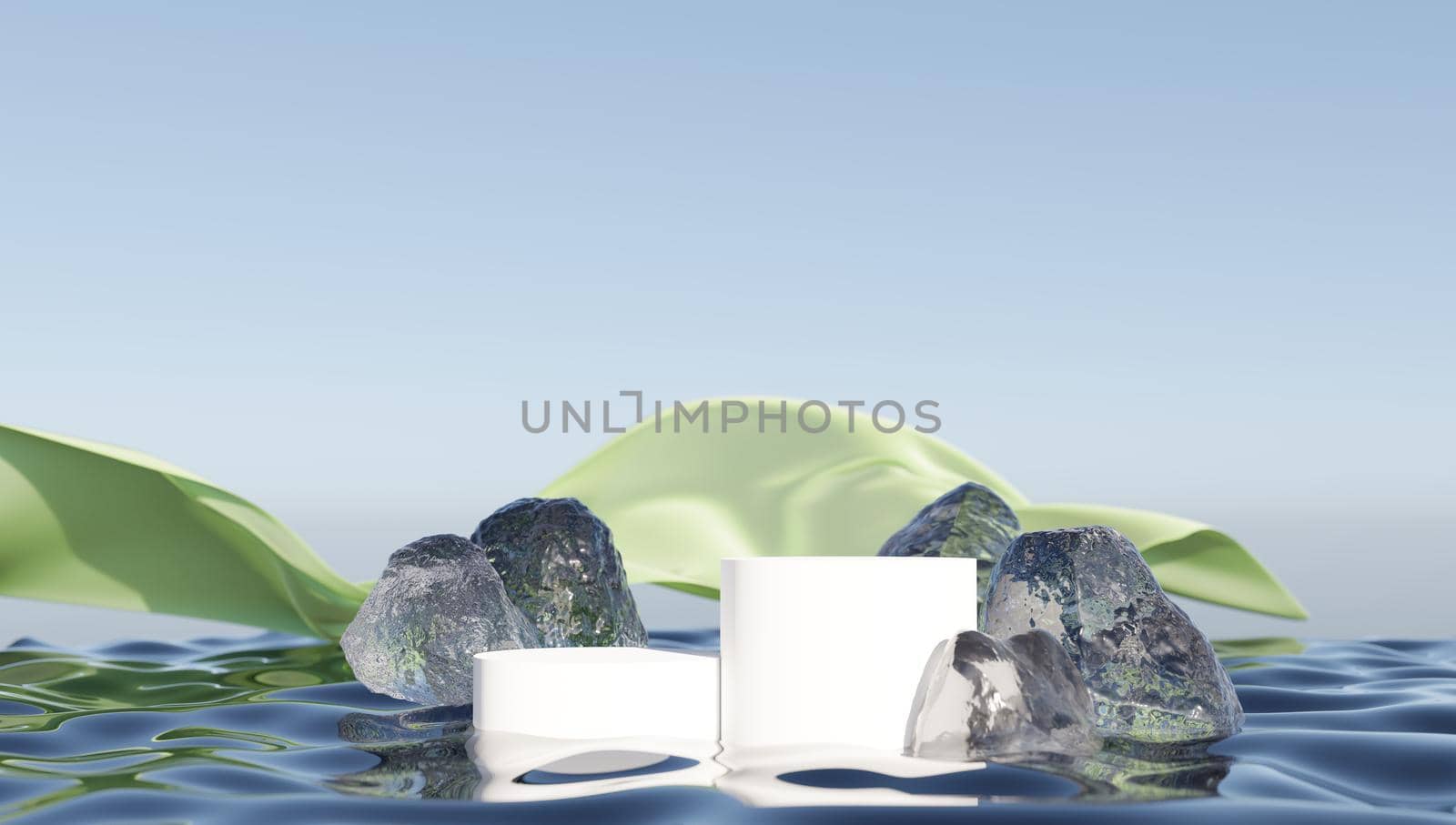 An ice platform for displaying your procuct 3D render, surrounded by ice stones on white background