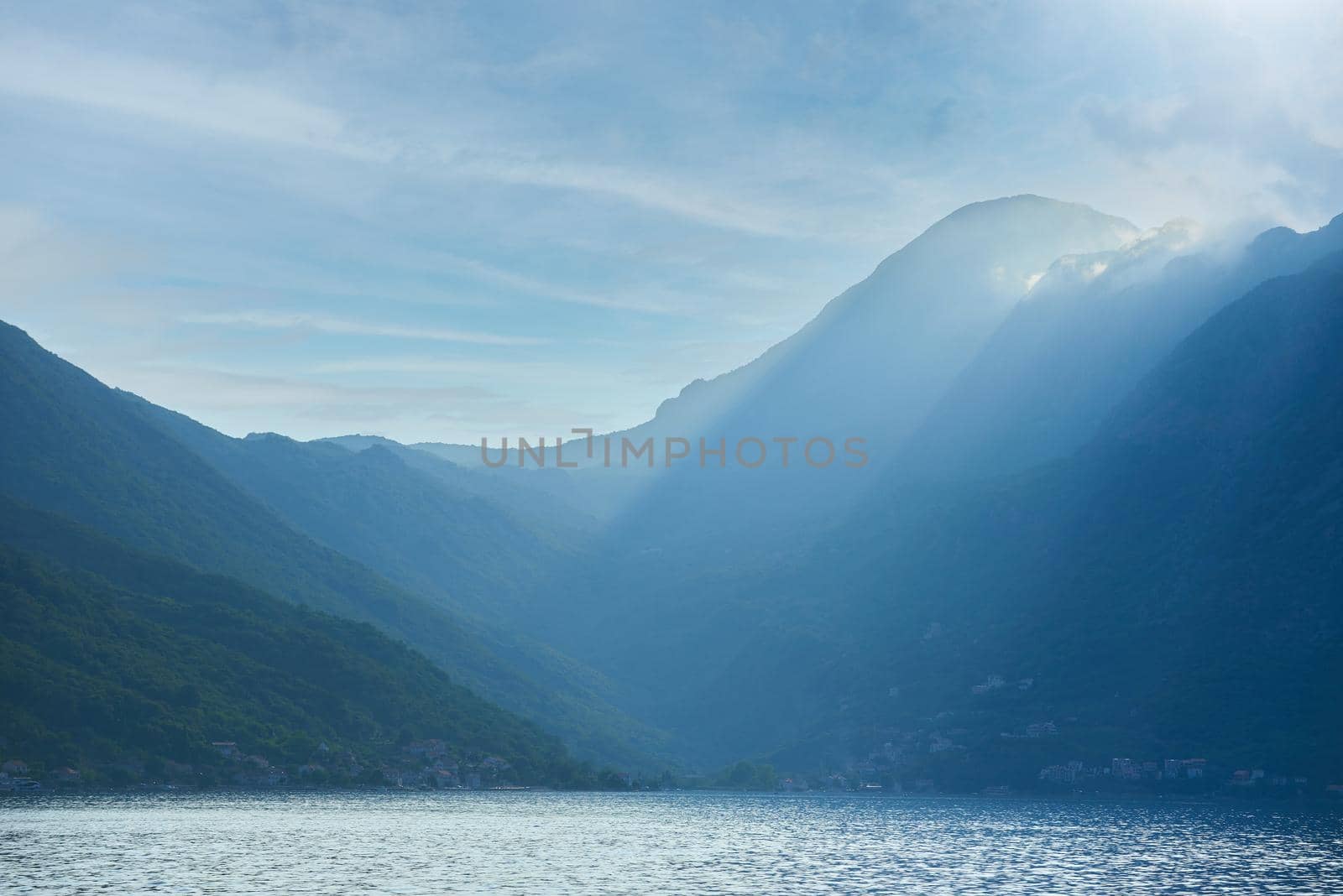 Landscape with mountains by the sea in the Bay of Kotor, Montenegro.