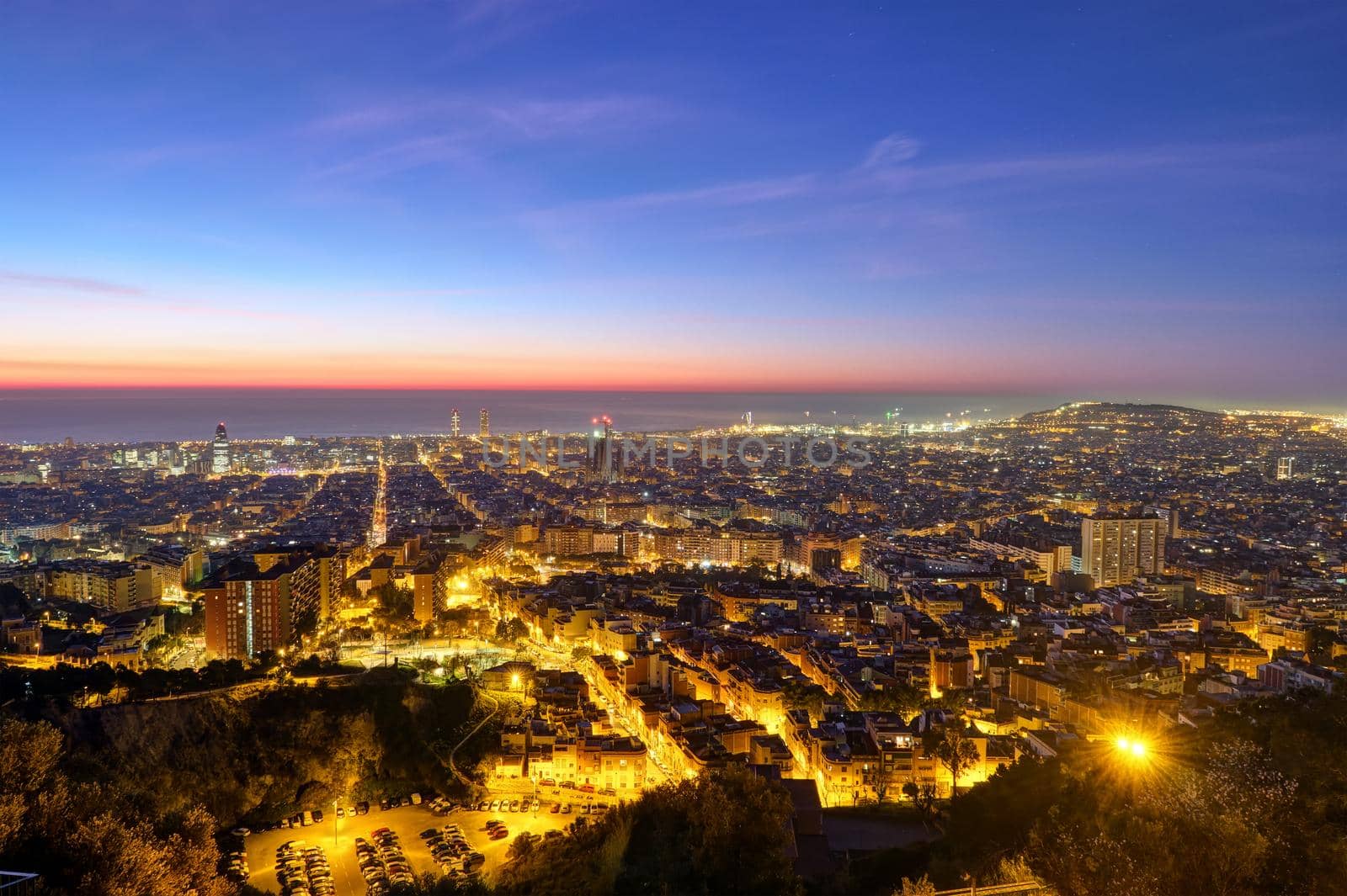 View over the lights of Barcelona before sunrise