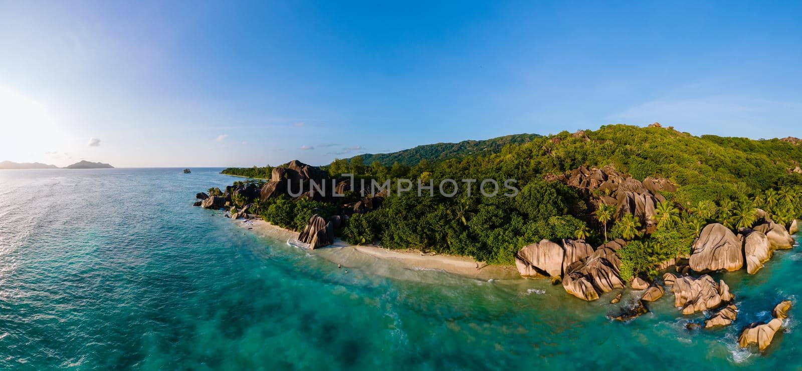 Anse Source d'Argent beach, La Digue Island, Seyshelles, Drone aerial view of La Digue Seychelles bird eye view by fokkebok