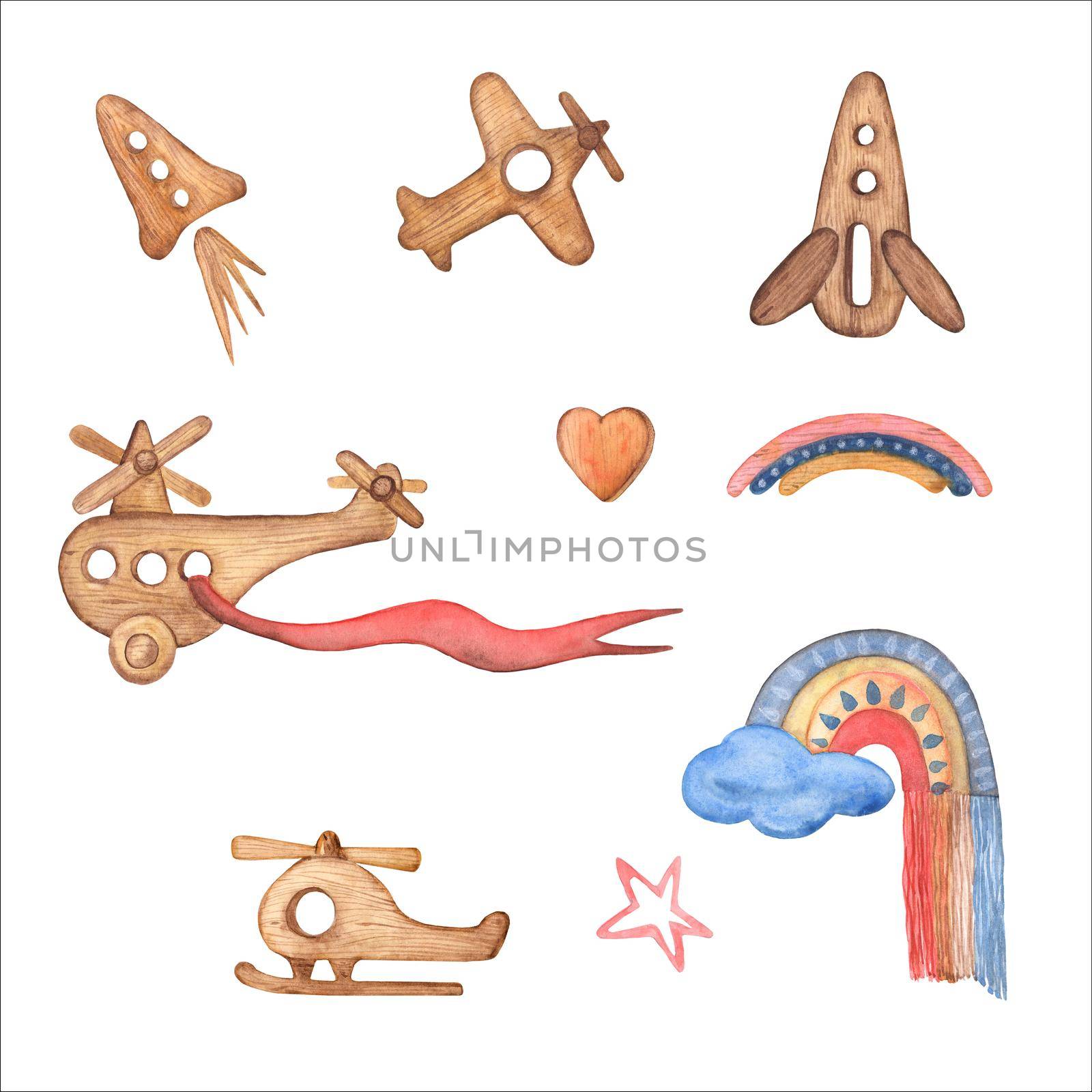 Fly in the sky Watercolor Clipart. Kids Wooden toys. airplane, helicopter, rocket, hot air balloon, rainbow. Nursery Hand-drawn Art Decor. Baby boy. Set Illustrations Isolated on white background.