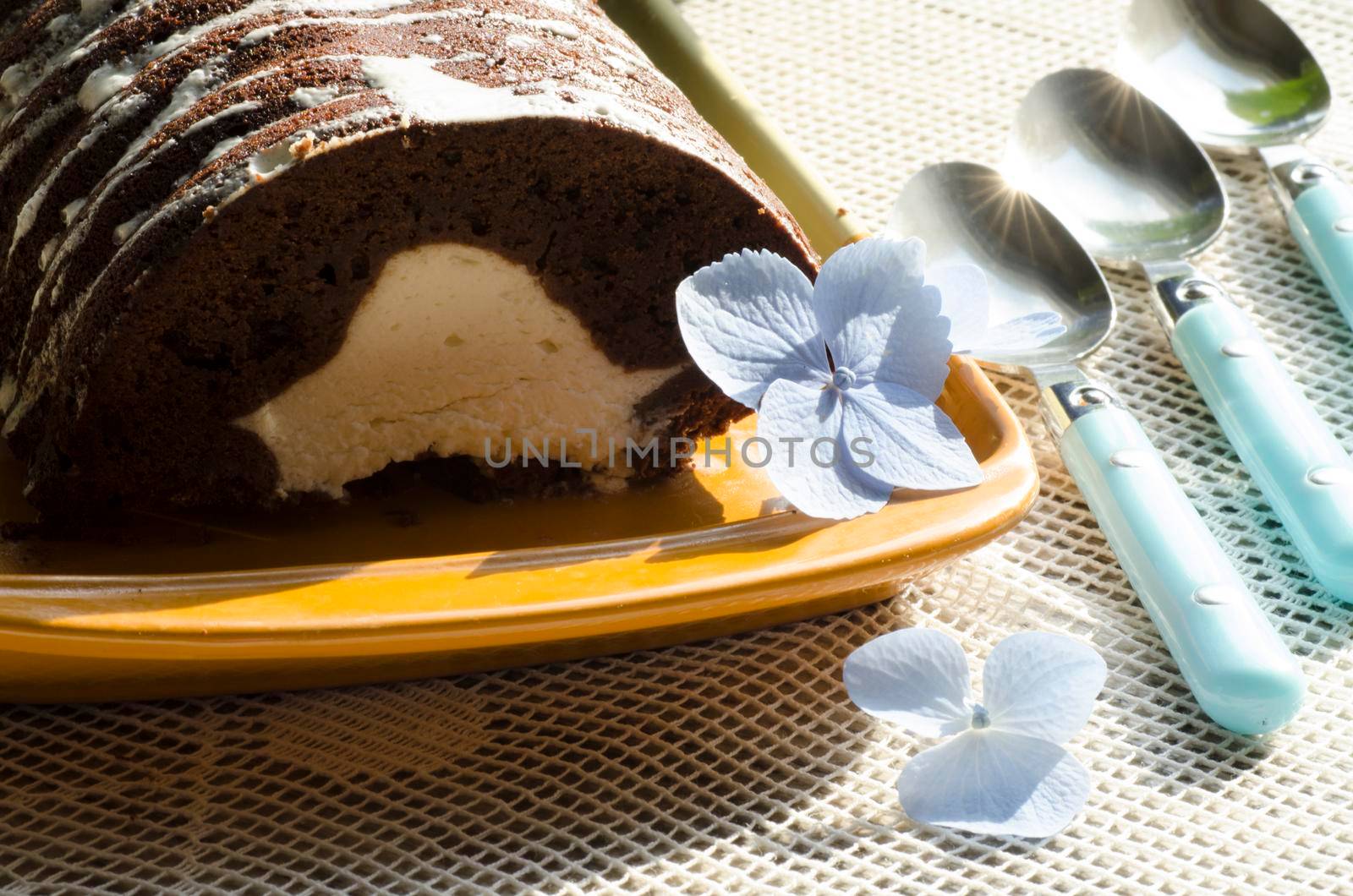 Chocolate cake with mint and blueberries on rectangular plate. From series "Chocolate cake"