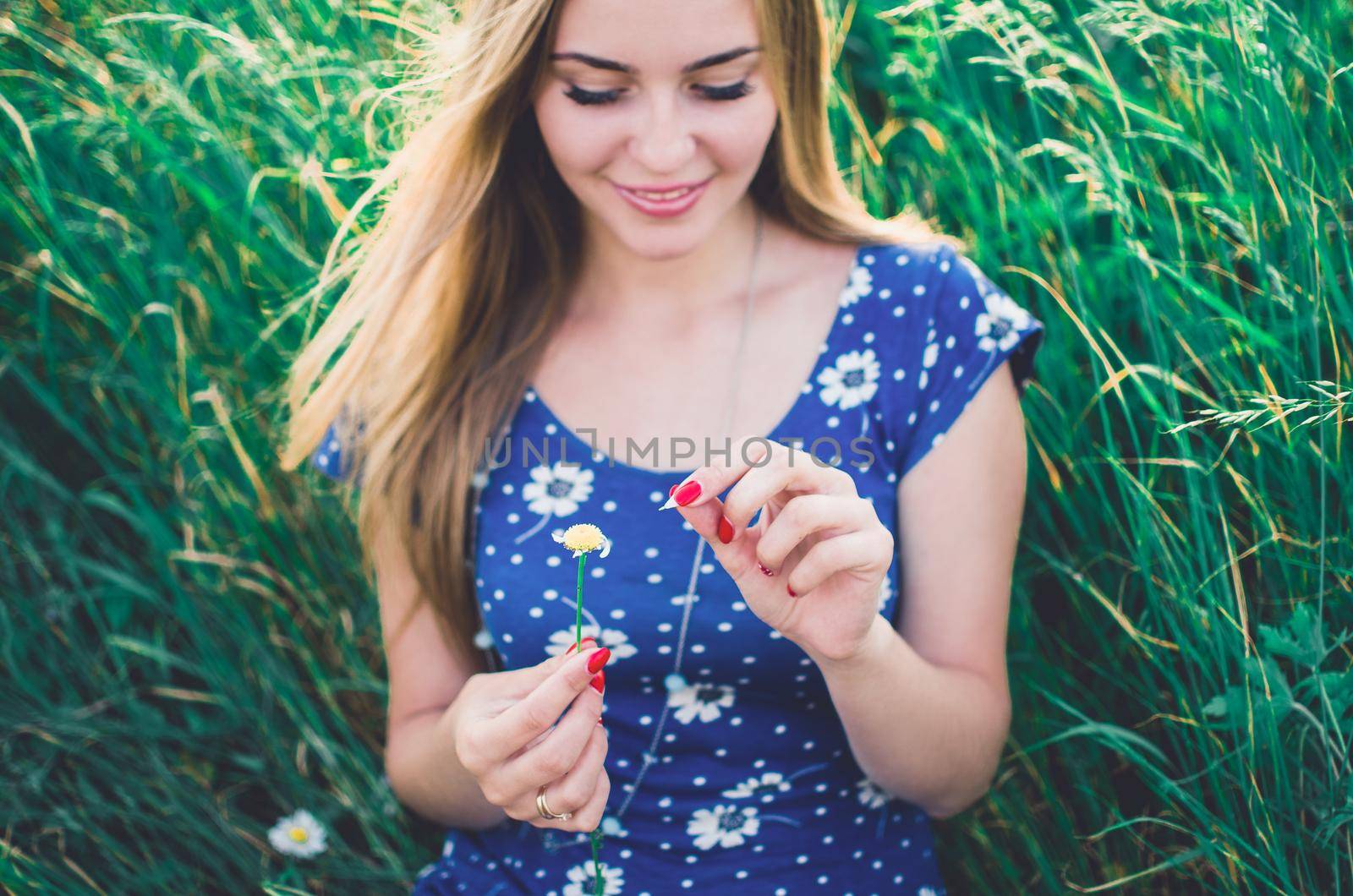 A young smiling, European girl, blonde with fair skin, holds a daisy flower in her hands and tears off the petals. Women's blue short skin-tight dress with white daisy print. Red manicure