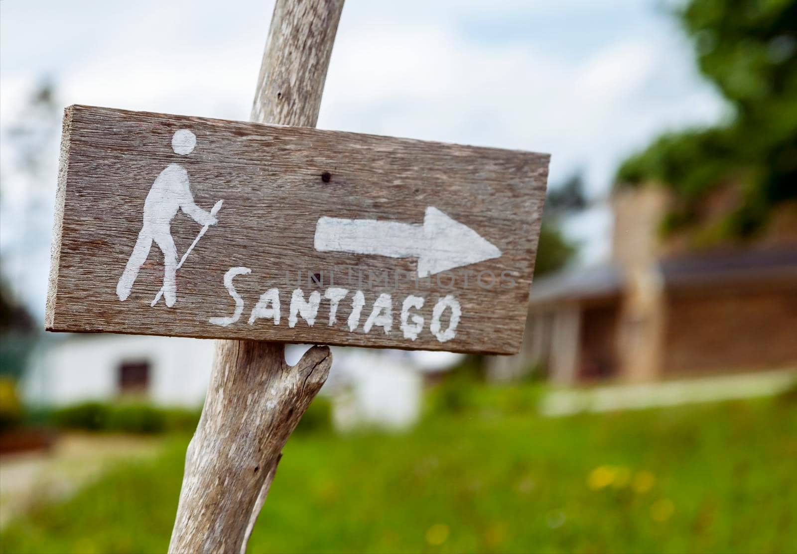 Road sign of Camino de Santiago, pilgrimage route to the Cathedral of Santiago de Compostela