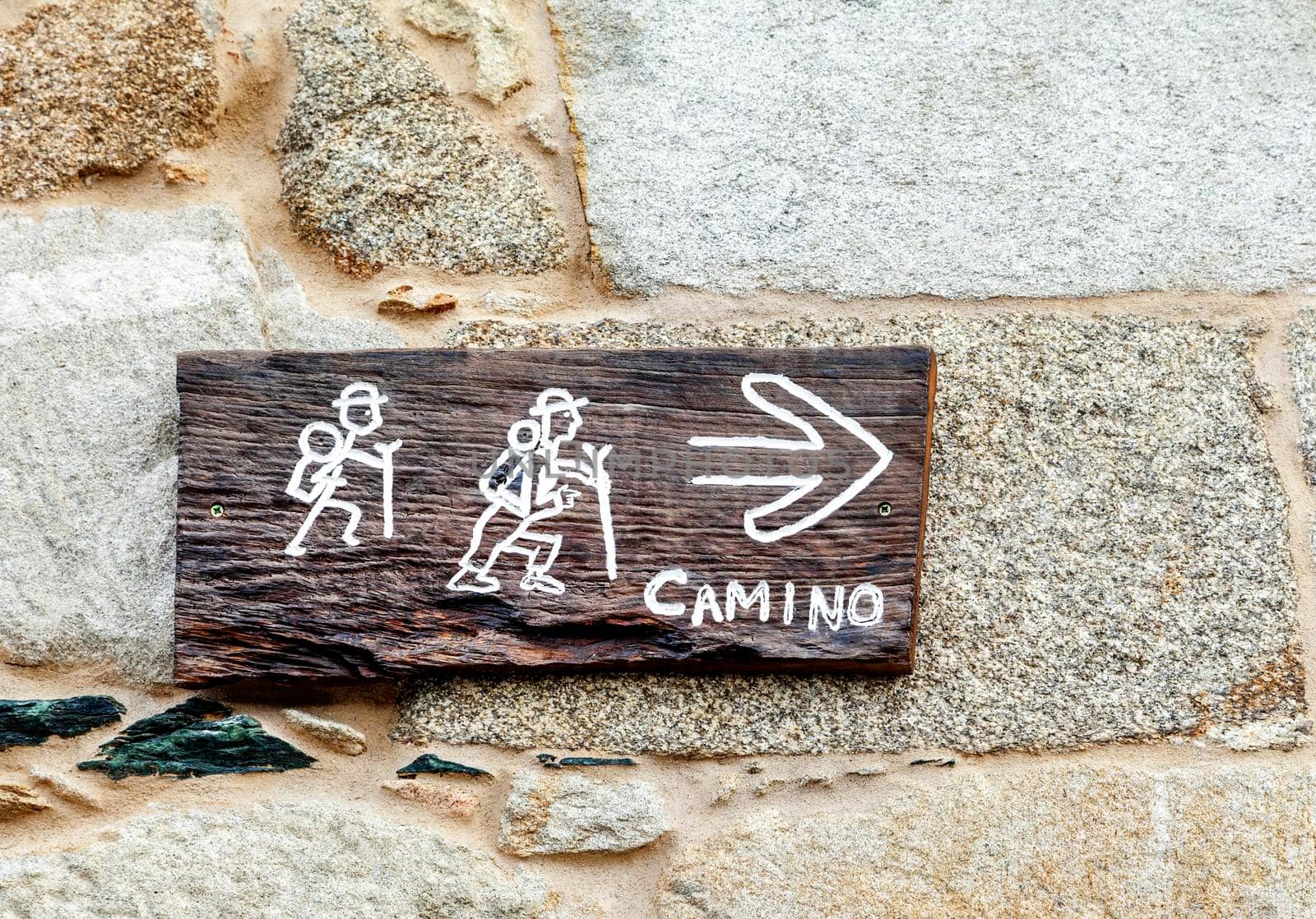 Road sign of Camino de Santiago, pilgrimage route to the Cathedral of Santiago de Compostela