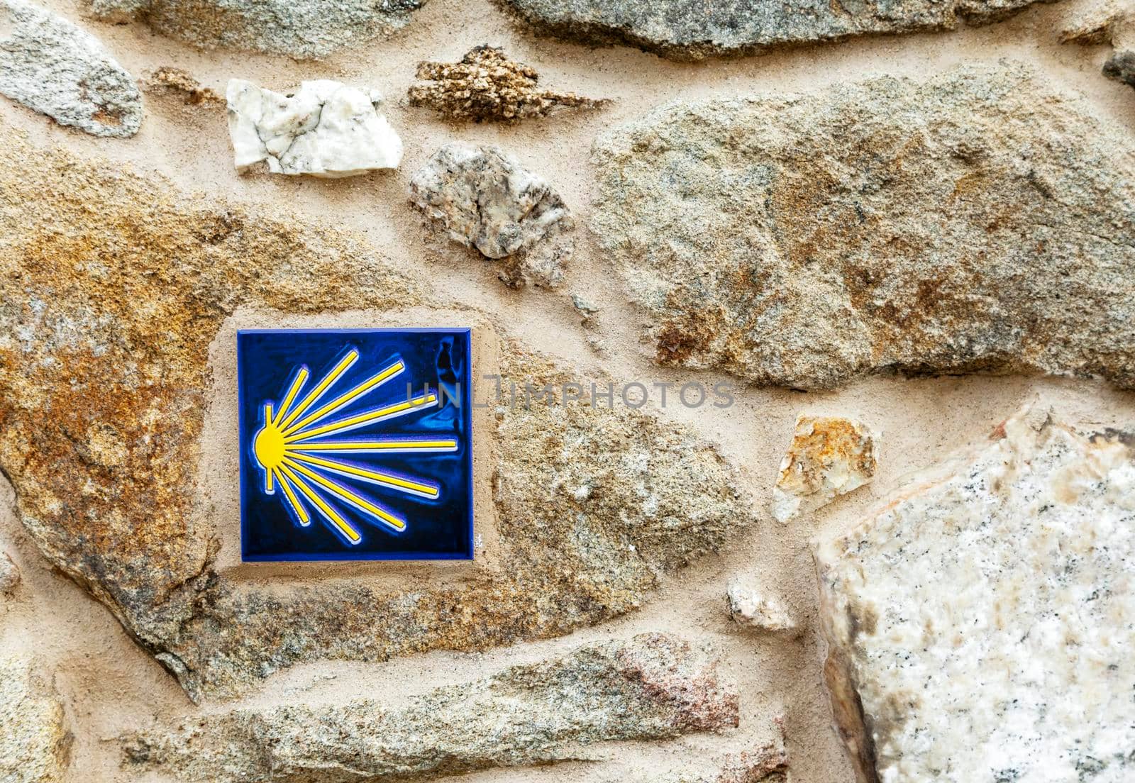 Road sign of Camino de Santiago, pilgrimage route to the Cathedral of Santiago de Compostela