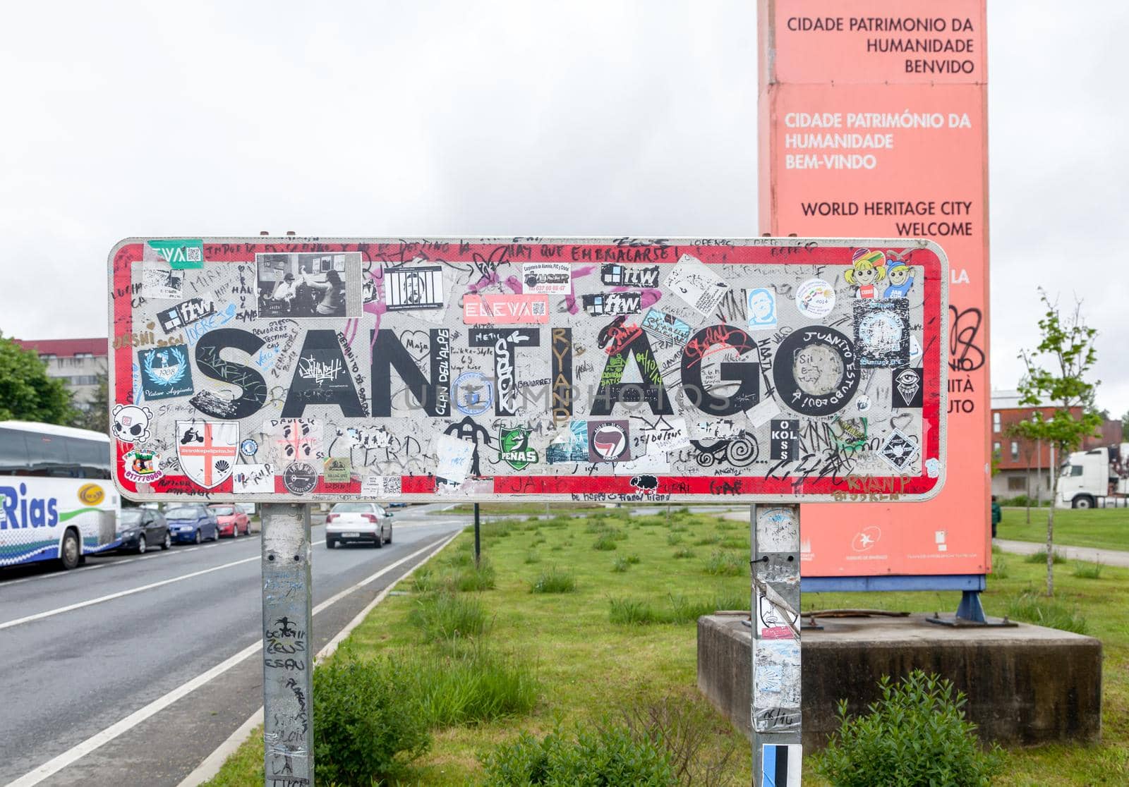 SANTIAGO DE COMPOSTELA, SPAIN - MAY 01, 2015 - Road sign at the entrance to Santiago de Compostela, big piligrimage center