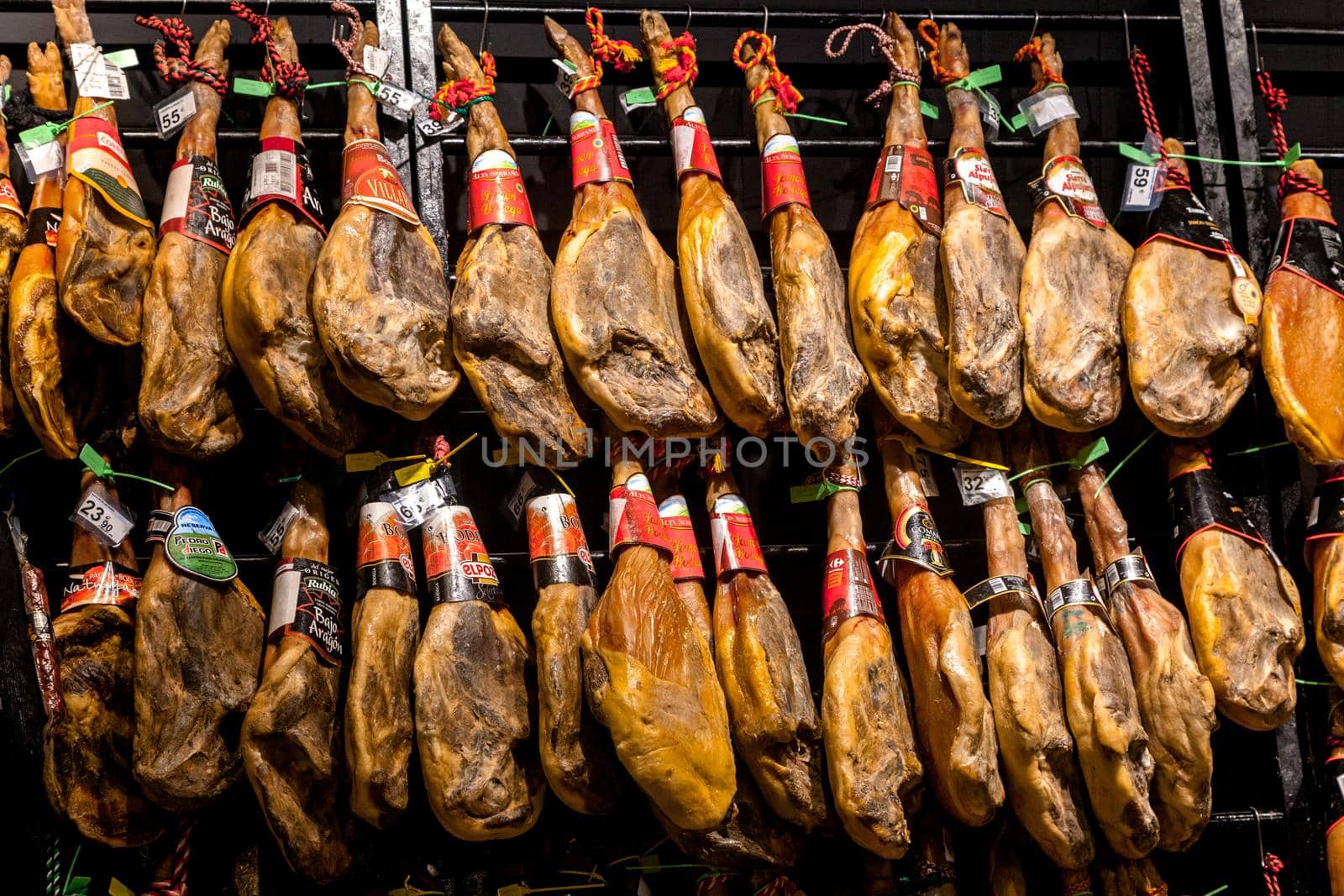 SANTIAGO DE COMPOSTELA, SPAIN - MAY 01, 2015 - Cured jamon in a shop
