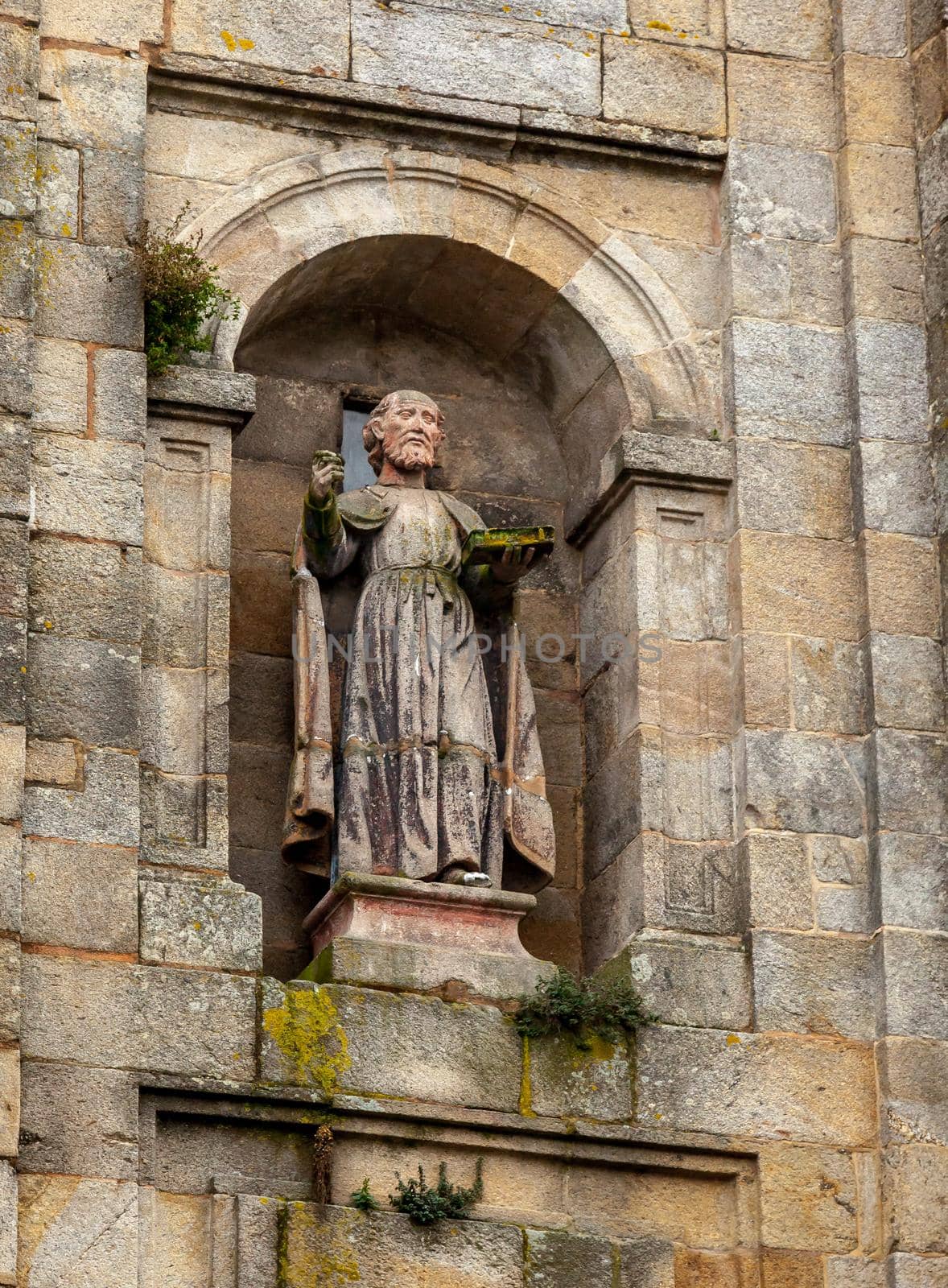 Religious statue on a house in Santiago de Compostela, Spain