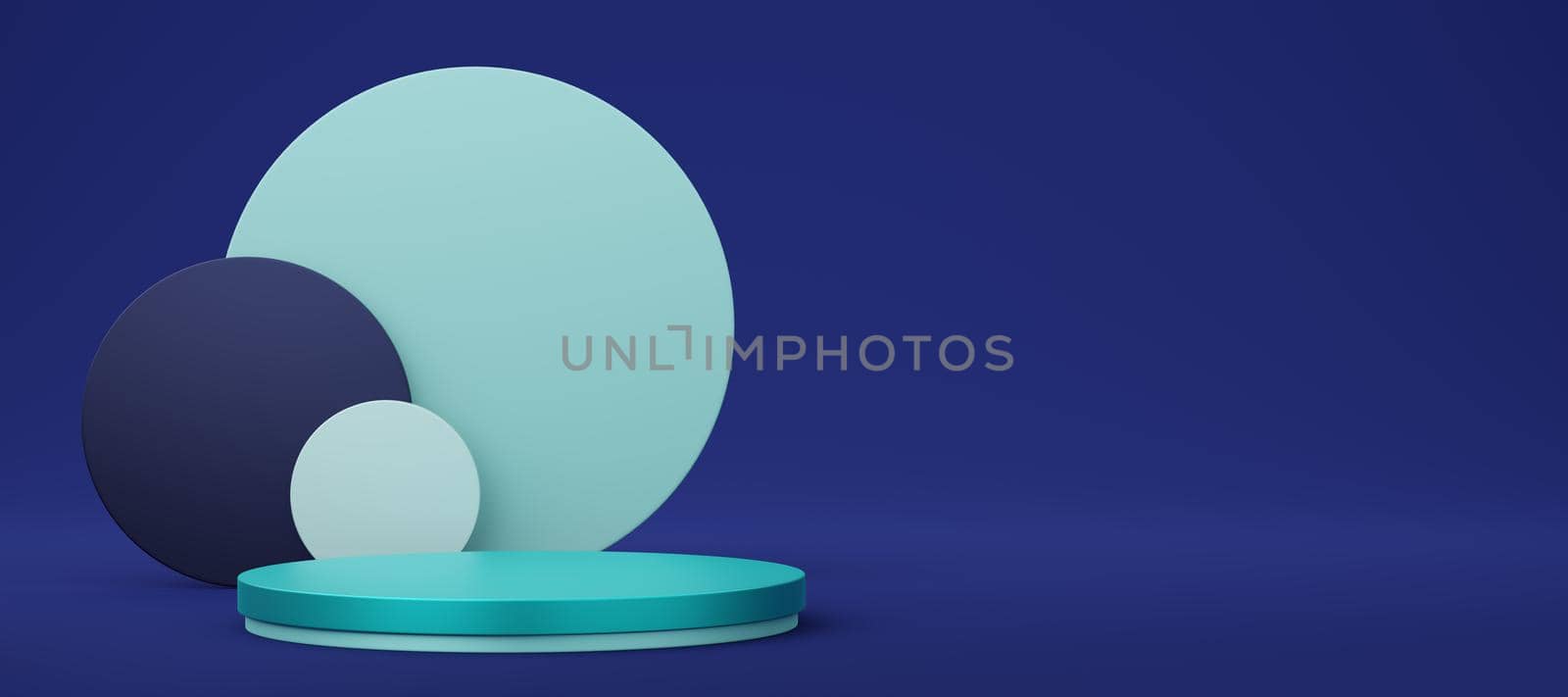 Empty aqua or green cylinder podium with circle on royal blue copy space background. Abstract pastel minimal studio 3d geometric shape. Dark mockup space for display of product design. 3d rendering. by media-ja