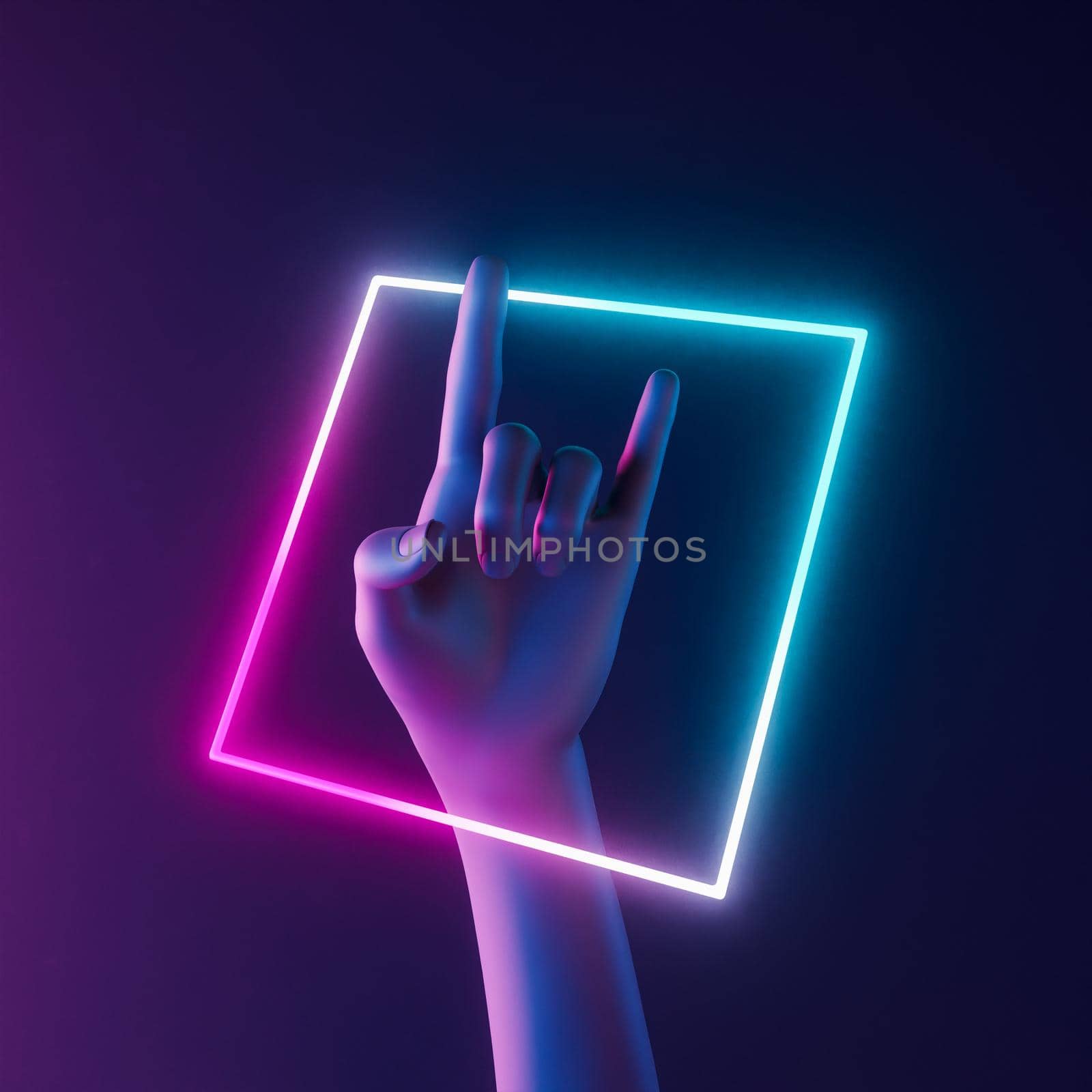 hand with rock and roll gesture and neon light by asolano