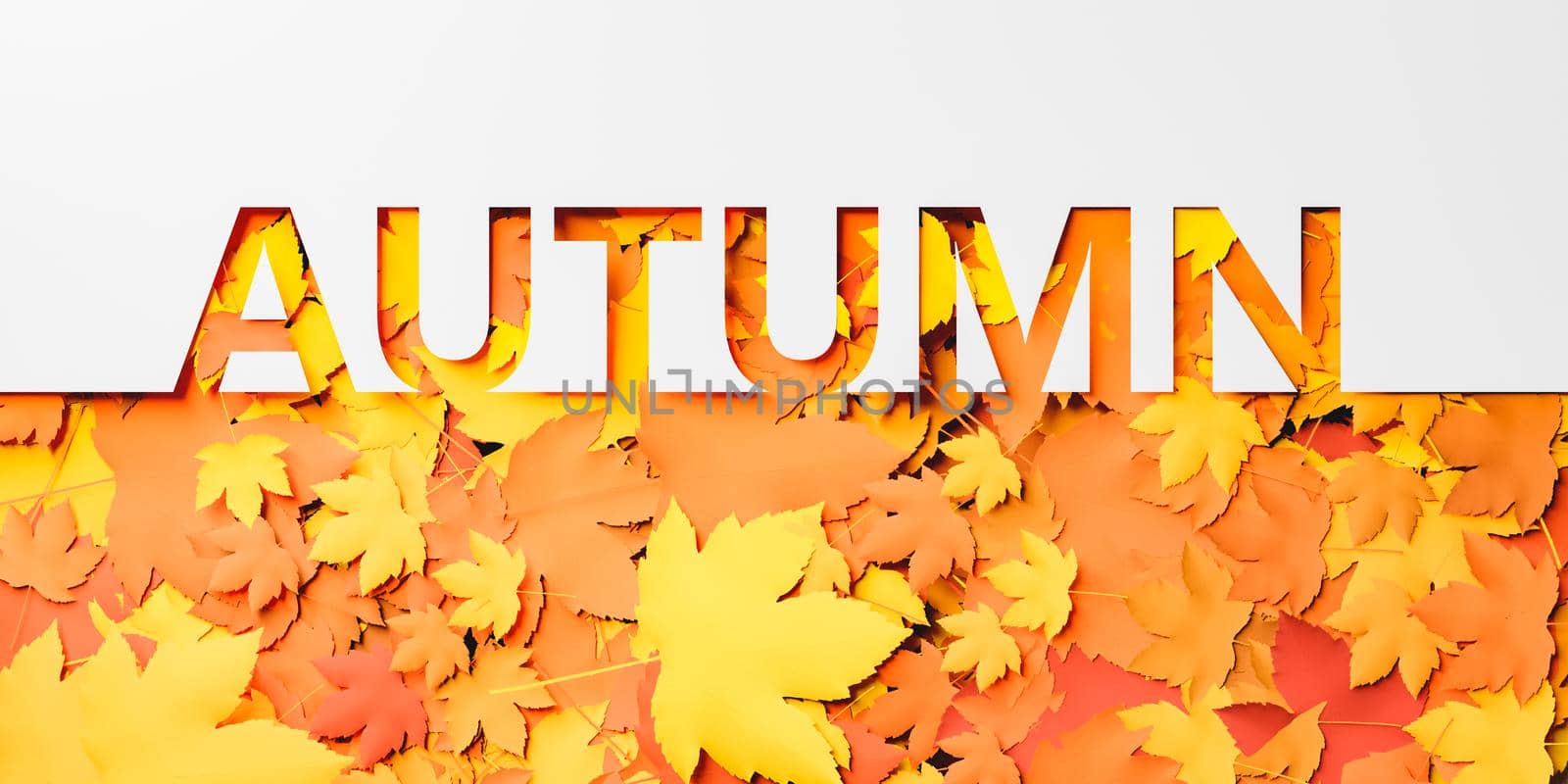 sign with the word AUTUMN on flat layer with warm leaves underneath. autumn concept. 3d rendering