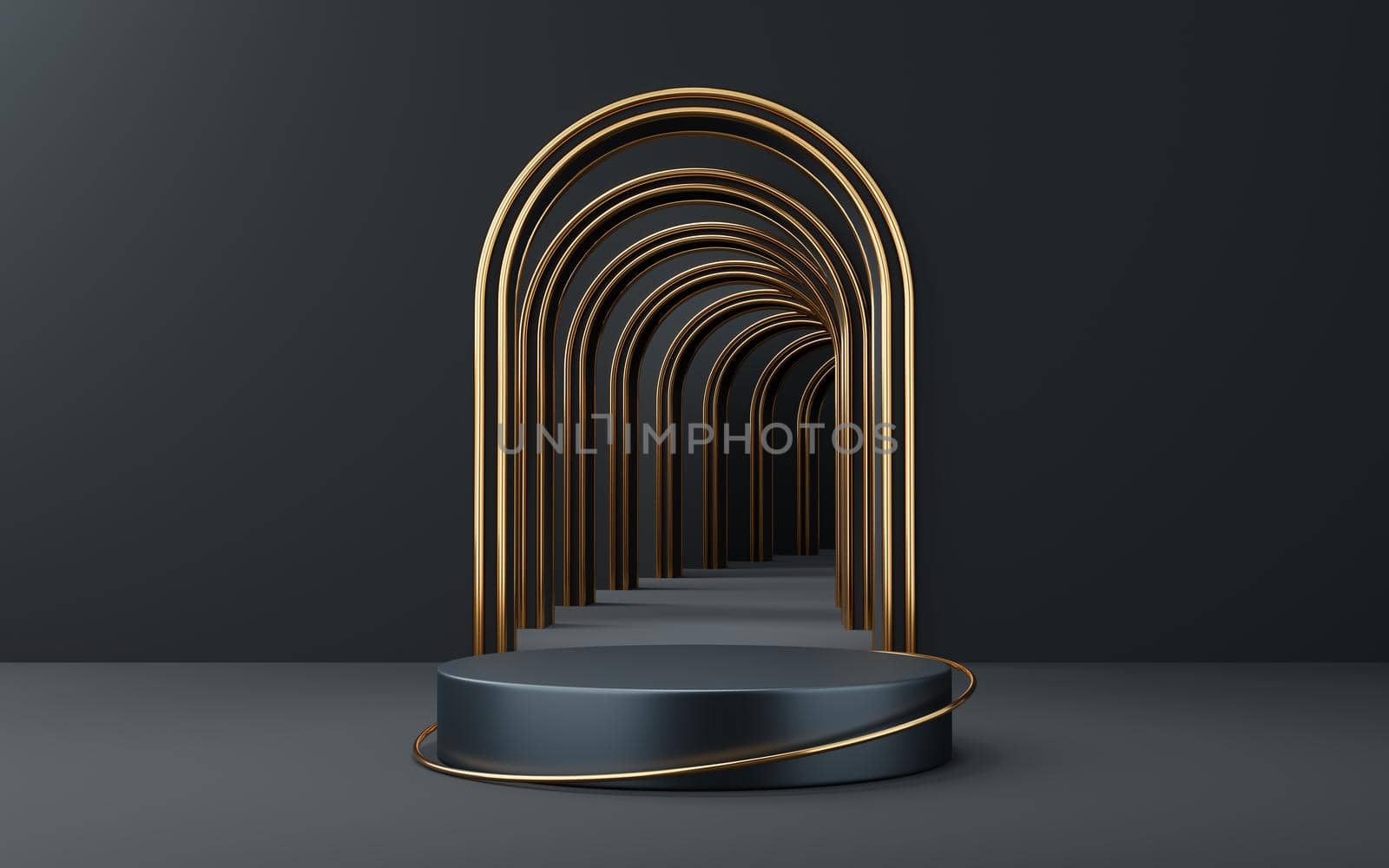 Empty gray cylinder podium and gold circle on black arch background. Abstract minimal studio 3d geometric shape object. Pedestal mockup space for display of product design. 3d rendering. by media-ja
