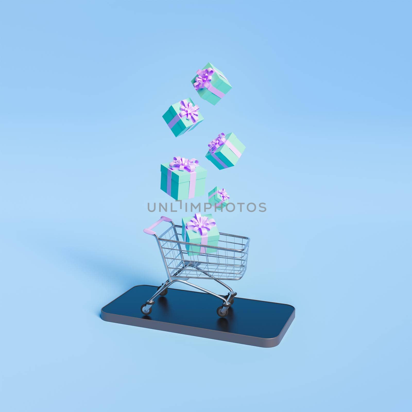 shopping cart on a mobile phone with gifts falling by asolano