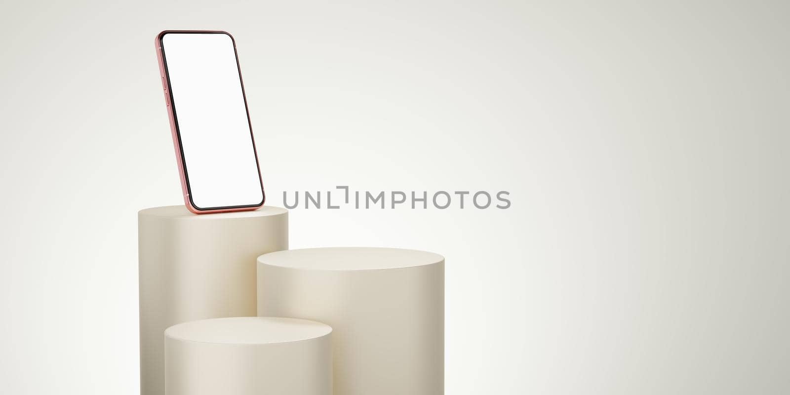 Old rose mobile phone on cream cylinder podium floating on bone white copy space background. Monotone pedestal mockup space for display of app. smartphone with blank white screen. 3d rendering.