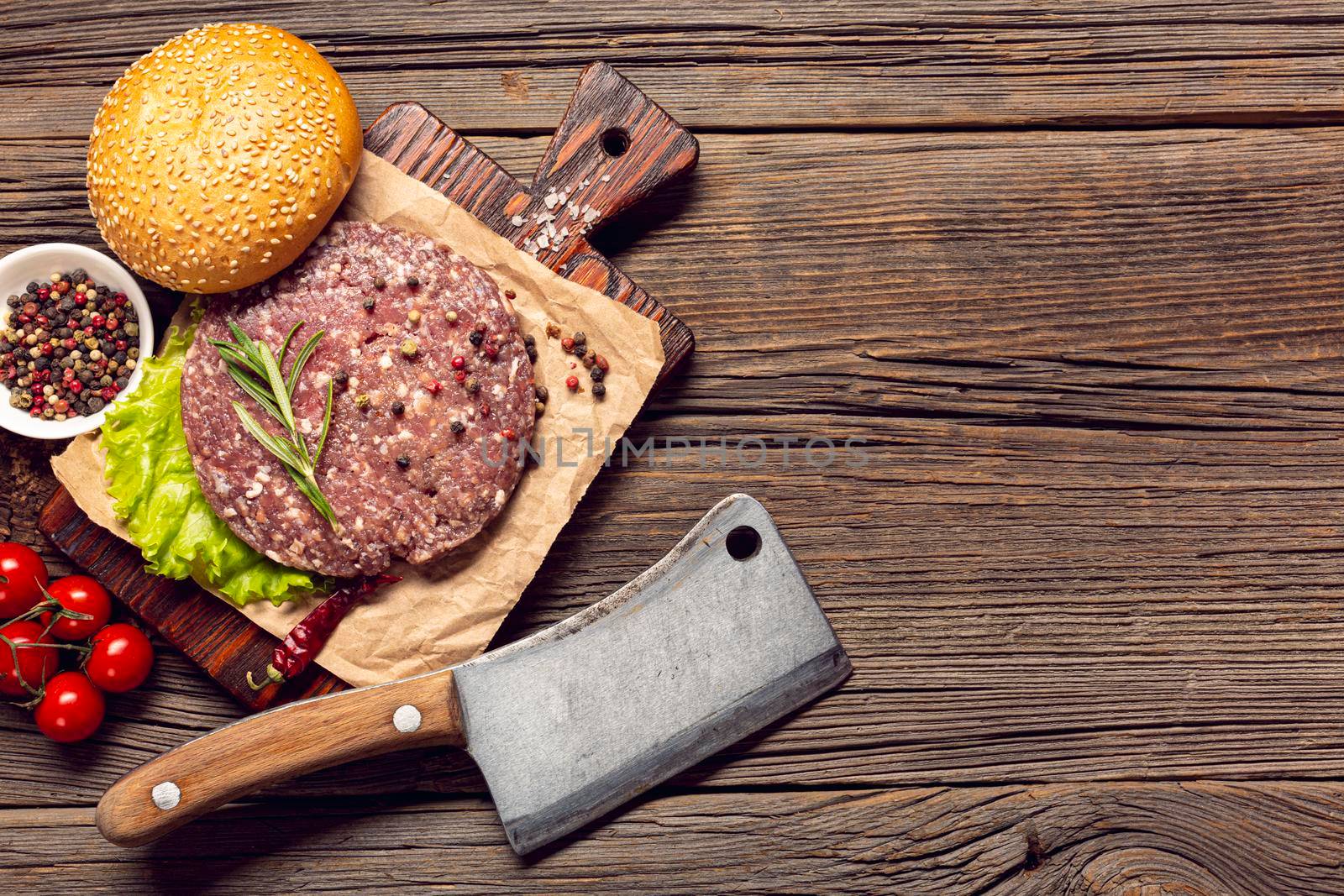 top view burger ingredients wooden table