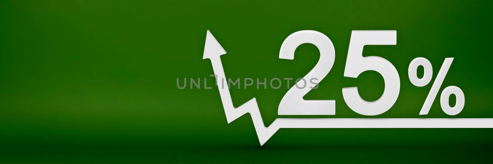 25 percent. The arrow on the graph points up. Rising prices, inflation, increase in income, increase in interest rates, taxes. 3d banner, twenty five percent sign discount on a green background. by SERSOL