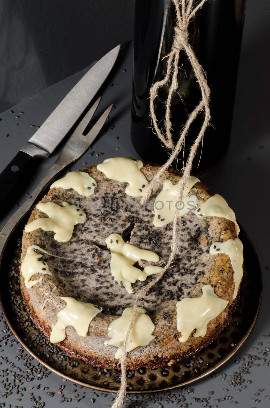 Cheesecake with black sesame seeds on Halloween. From the series "Cheesecake for the holiday"