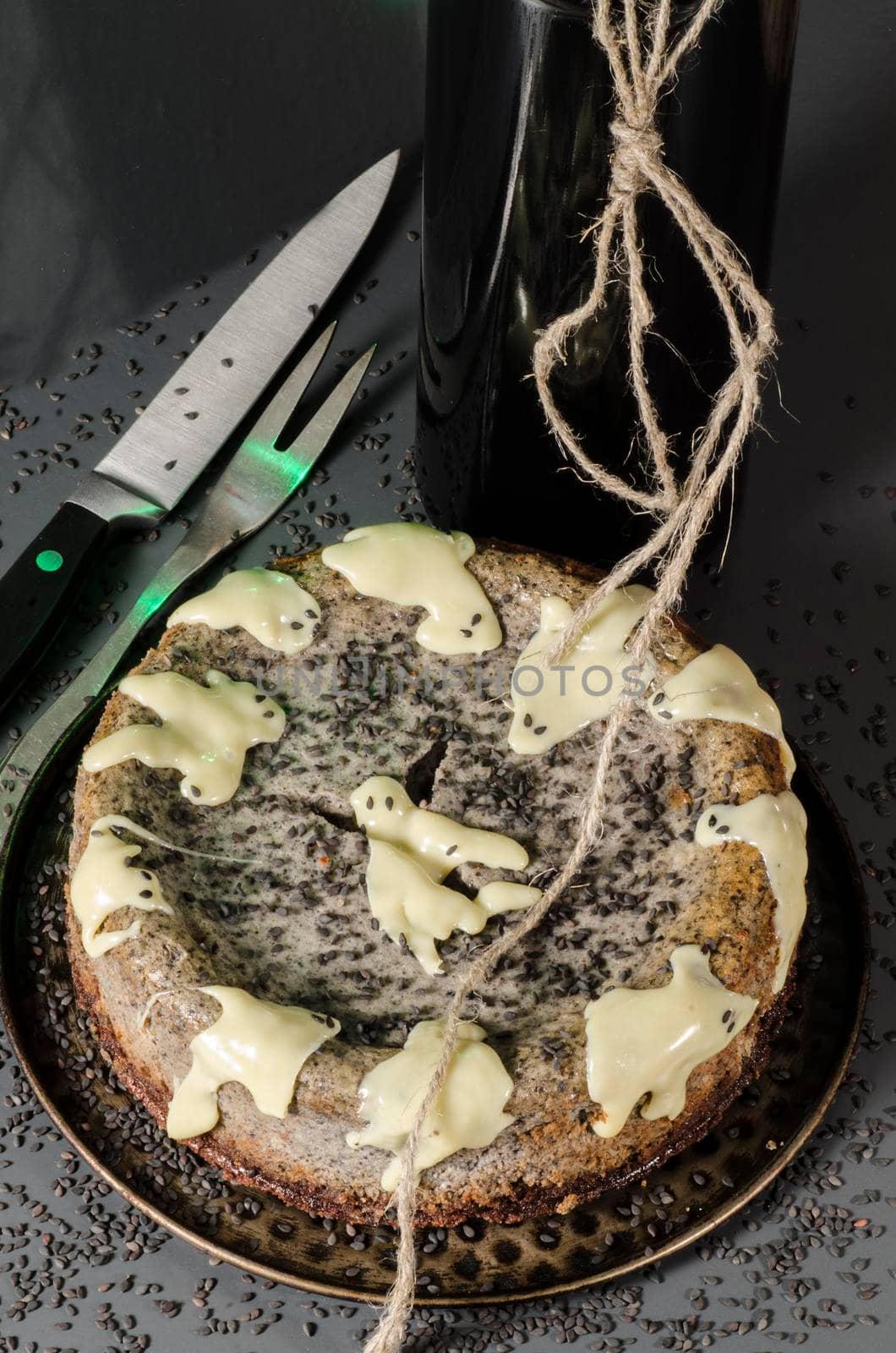 Cheesecake with black sesame seeds on Halloween. From the series "Cheesecake for the holiday"