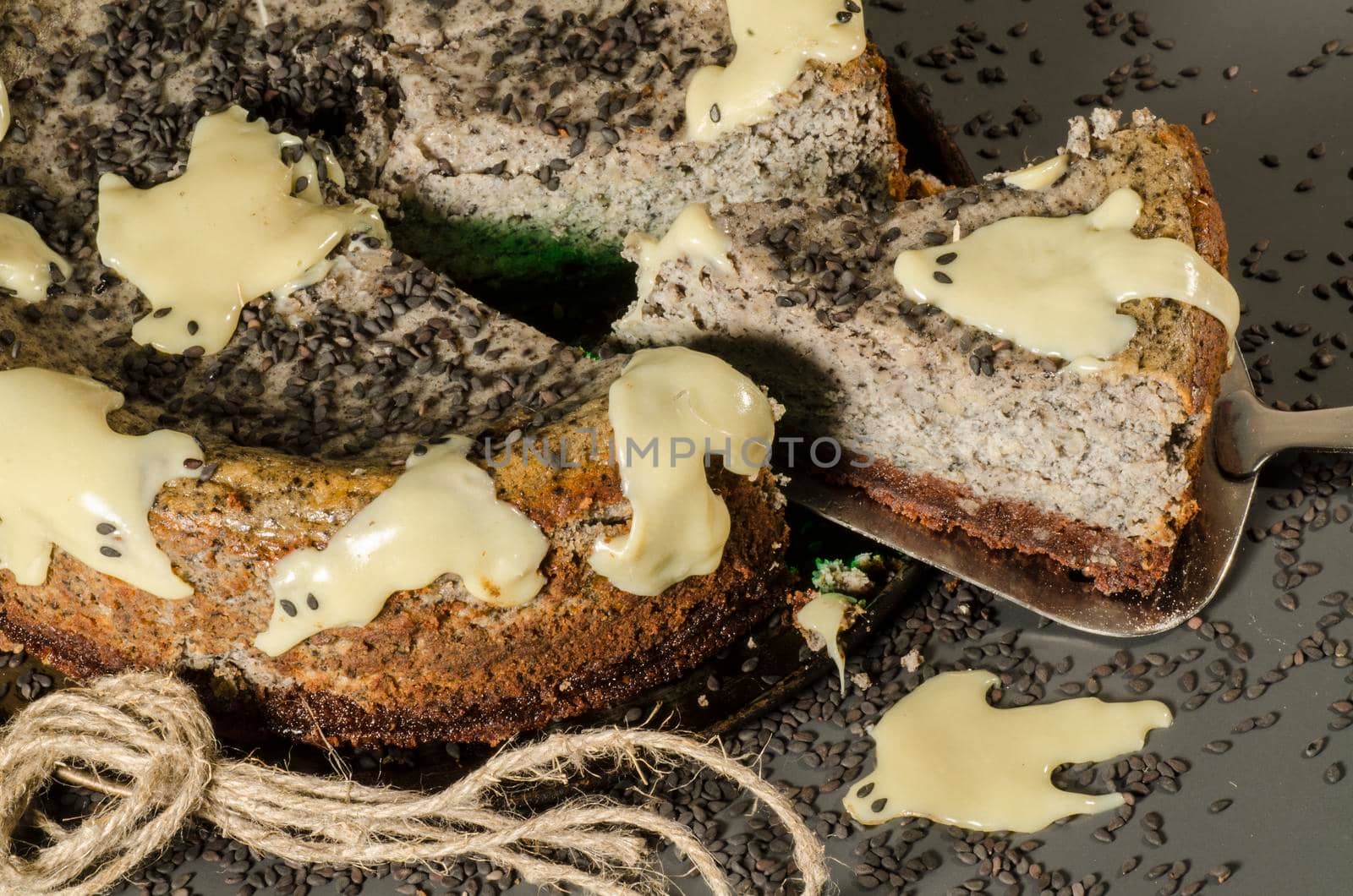 Cheesecake with black sesame seeds on Halloween. From the series "Cheesecake for the holiday"