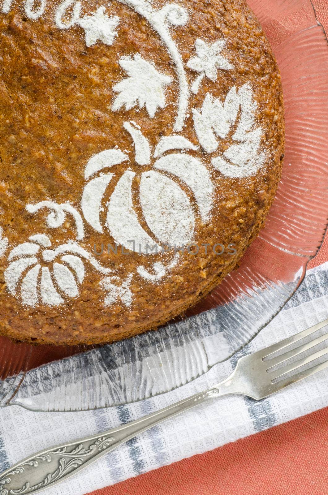 Pumpkin cake decorated with pattern. From the series "Pumpkin cake"