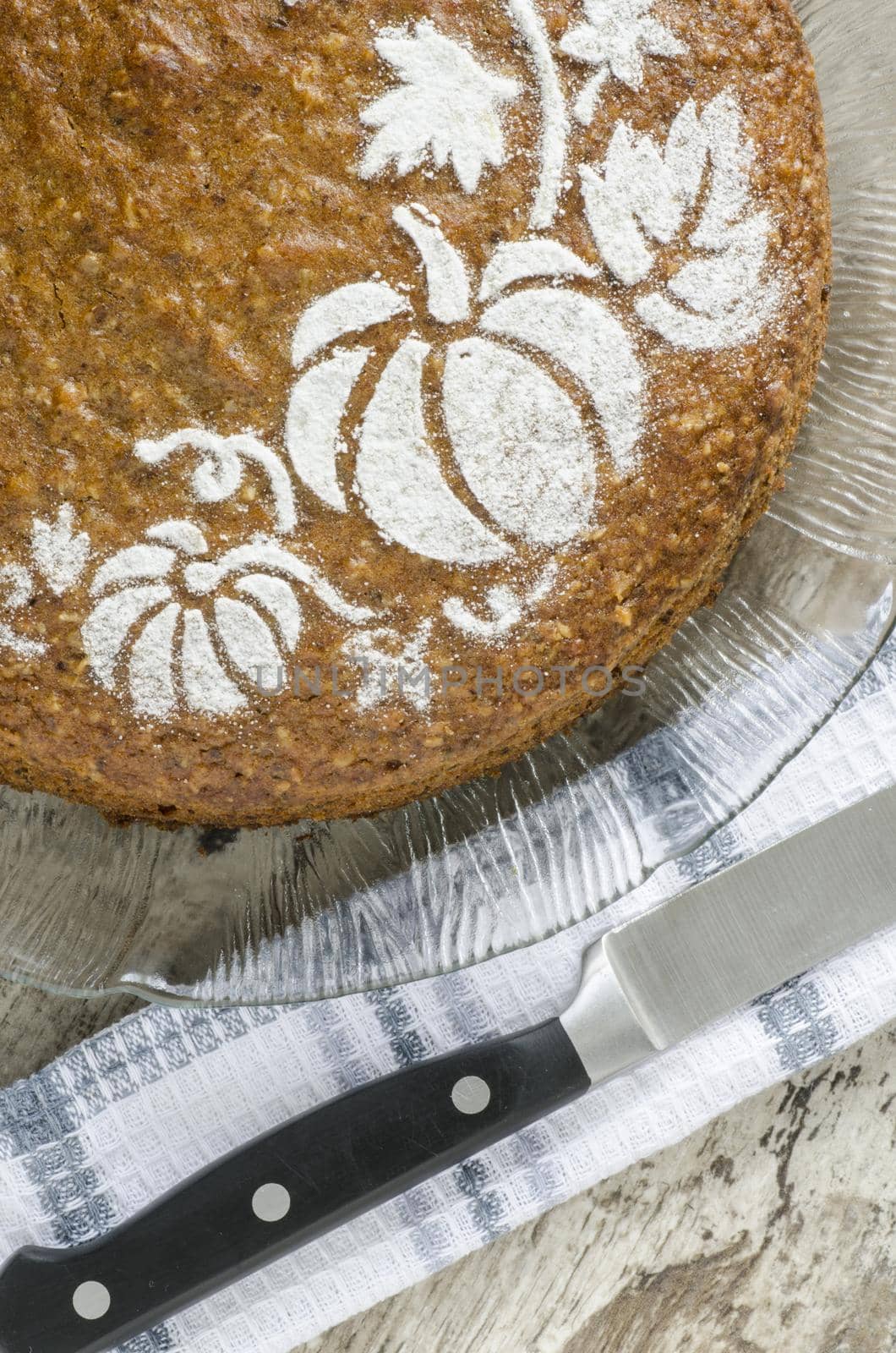 Pumpkin cake decorated with pattern. From the series "Pumpkin cake"