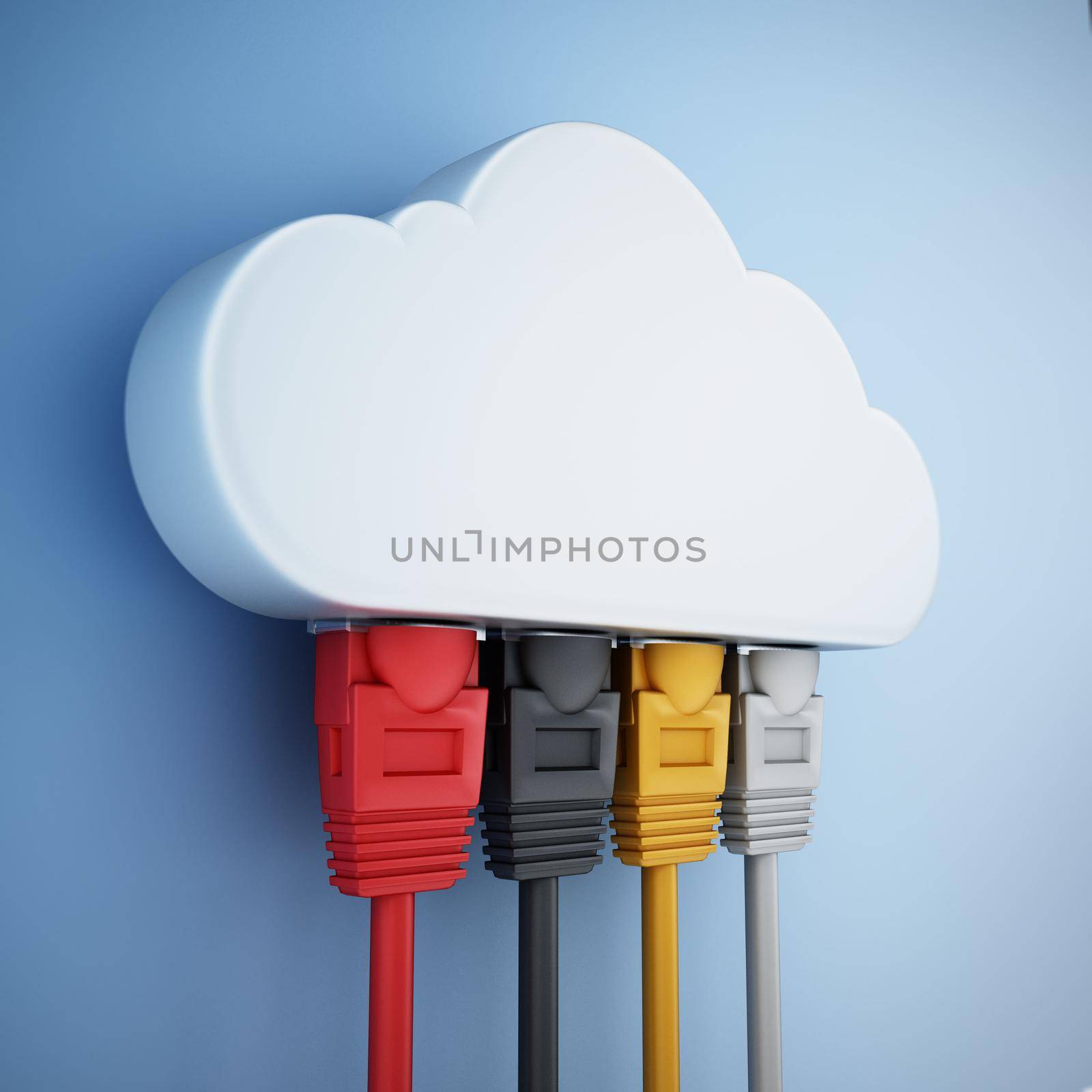 Colorful network cables connected to the cloud shape. 3D illustration by Simsek
