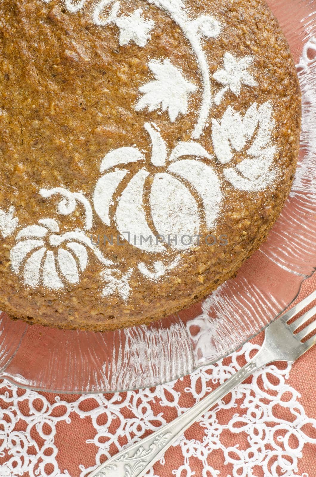 Pumpkin cake decorated with pattern. From the series "Pumpkin cake"