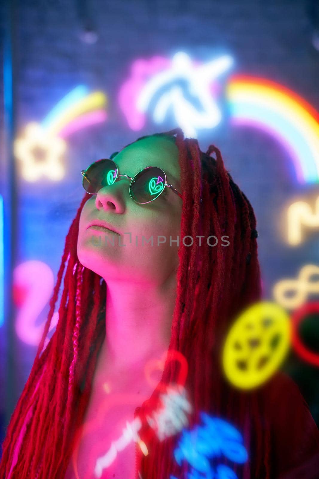 Girl in neon lights, beautiful woman in sunglasses, with pink hair, with dreadlocks pigtails by NataBene