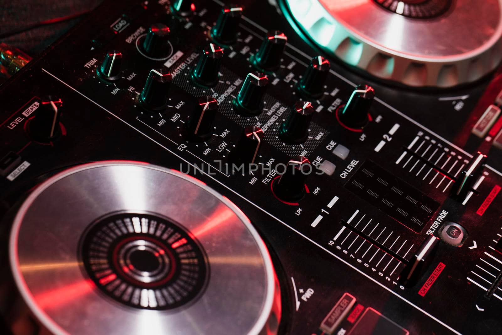 high angle dj control panel close up