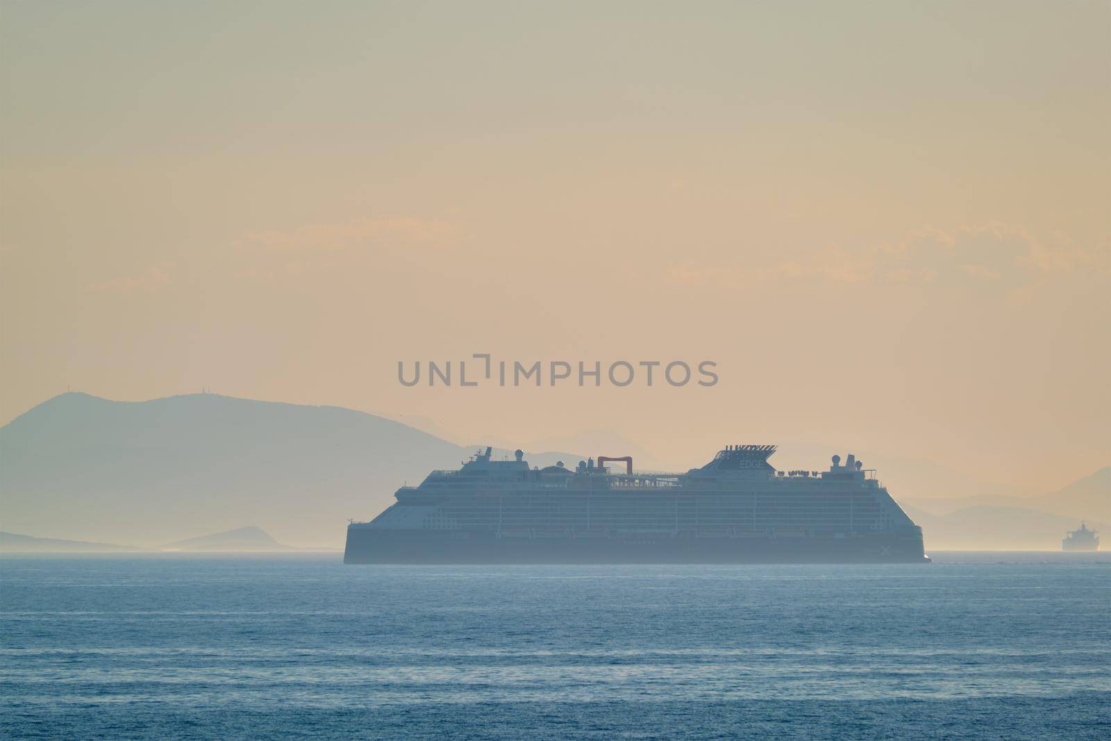 AEGEAN SEA, GREECE - MAY 30, 2019: Cruise liner ship Edge of Celebrity lines in Mediterranea sea. Aegean sea, Greece
