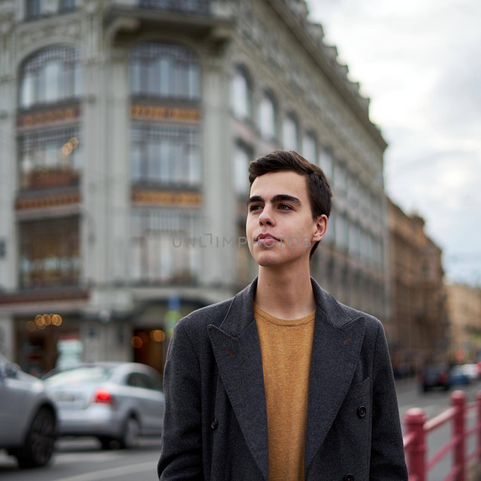 Handsome stylish fashionable man, brunette in elegant gray coat, stands on street in historical center of St. Petersburg. Young man with dark hair, thick eyebrows. by NataBene