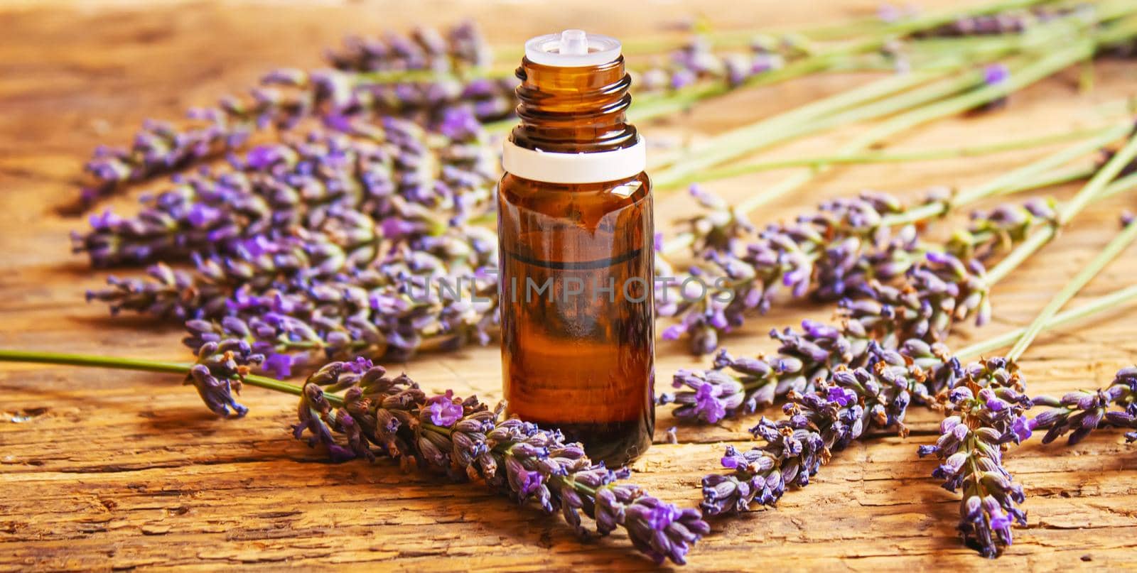 Lavender essential oil in a small bottle. Selective focus. nature.