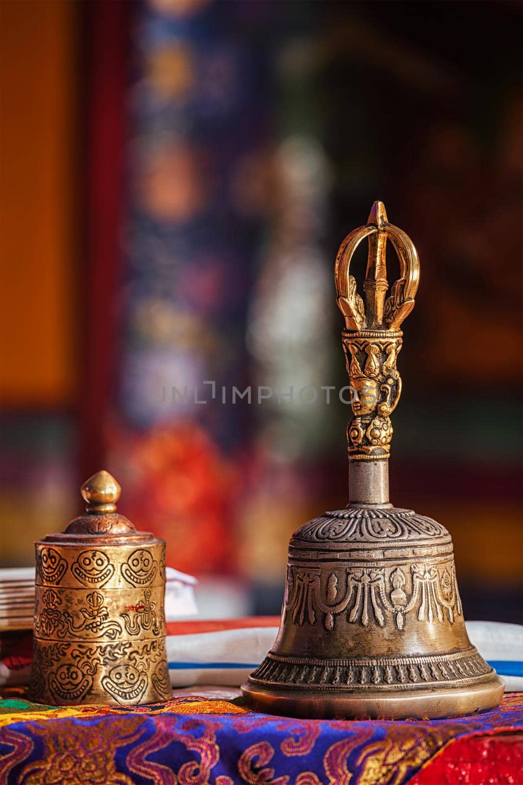 Religious bell in Spituk Gompa (Tibetan Buddhist monastery). Ladakh, India