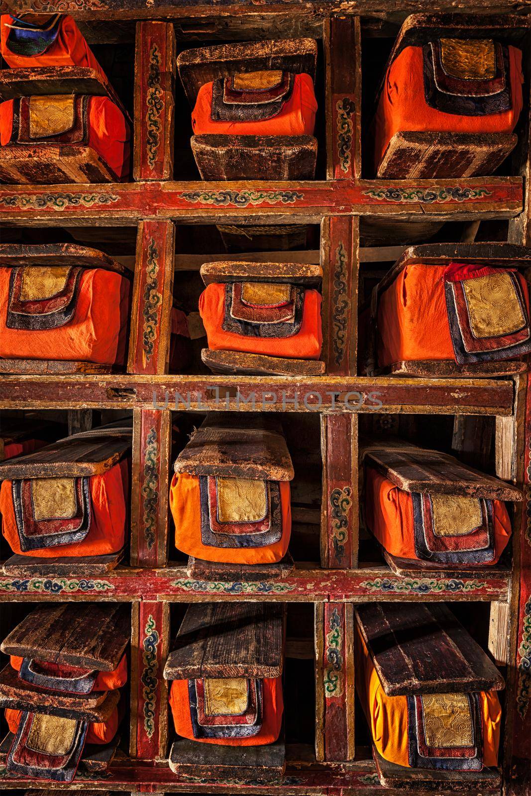 Folios of old manuscripts in library of Thiksey Gompa (Tibetan Buddhist Monastery). Ladakh, India