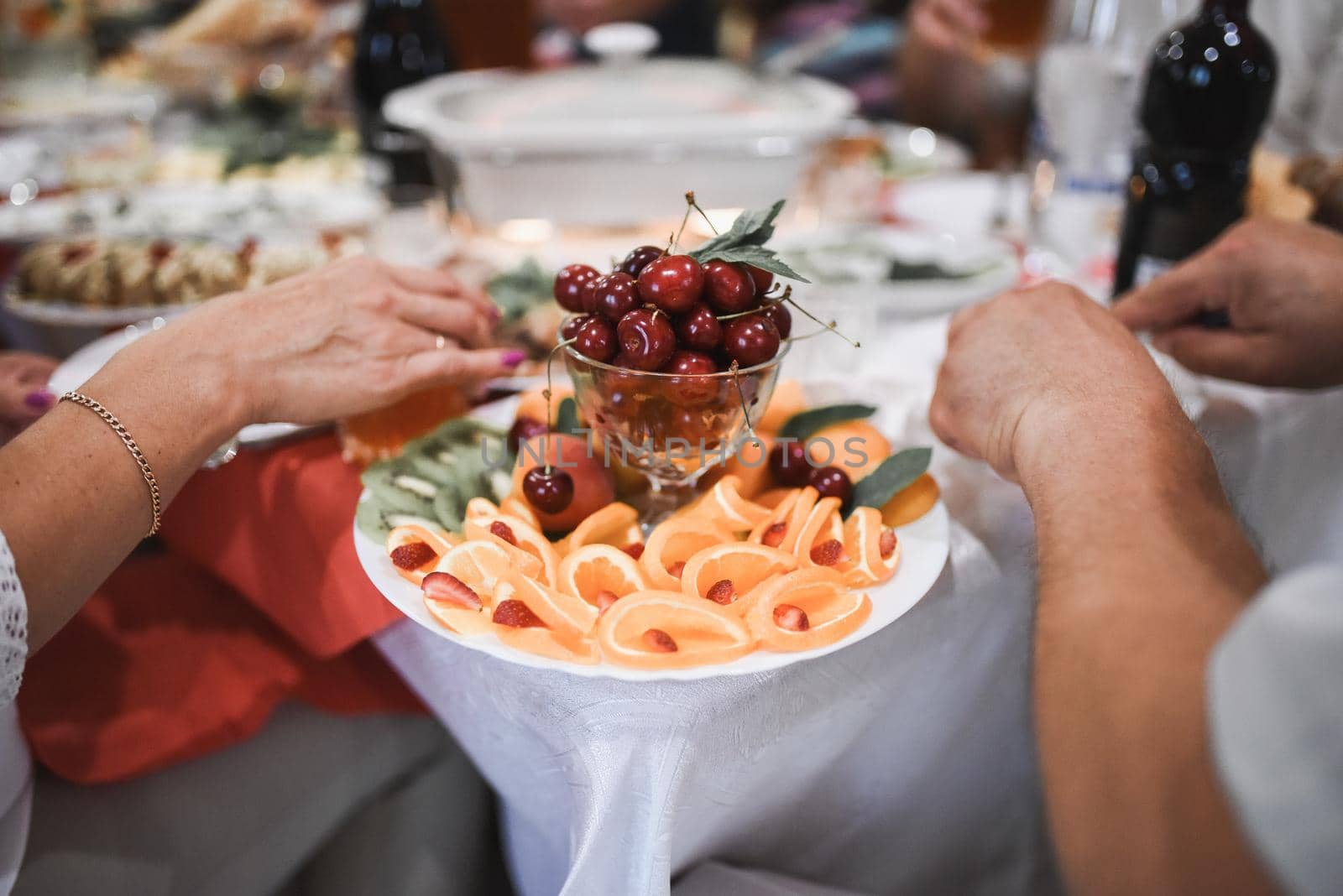 Table with food for the holiday. Cuisine. Culinary Buffet. Dinner Catering. Dining Food. Celebration Party. Concept wedding birthday. Sweet pastries desserts