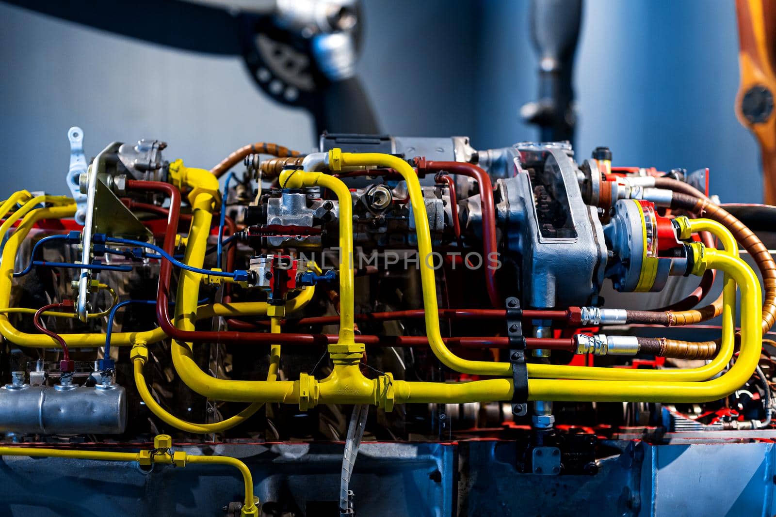 Disassembled airplane engine mechanism device close up by Try_my_best