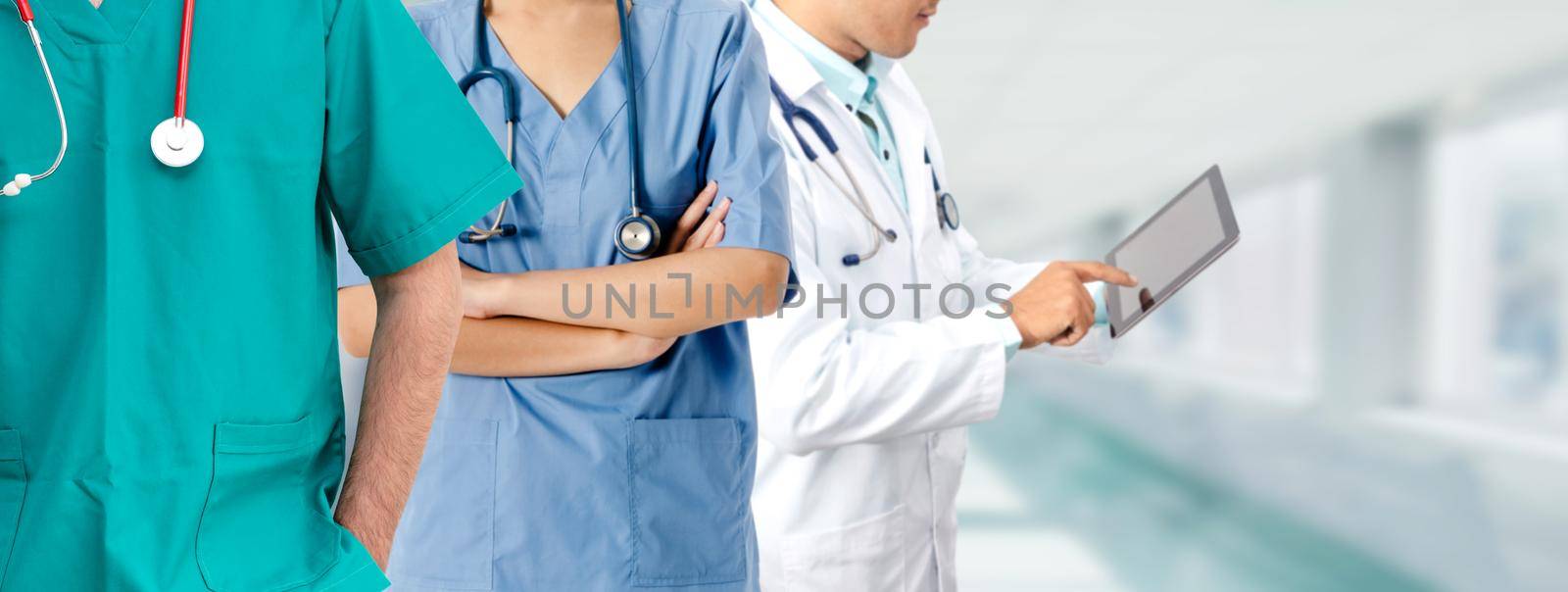 Healthcare people group. Professional doctor working in hospital office or clinic with other doctors, nurse and surgeon. Medical technology research institute and doctor staff service concept.