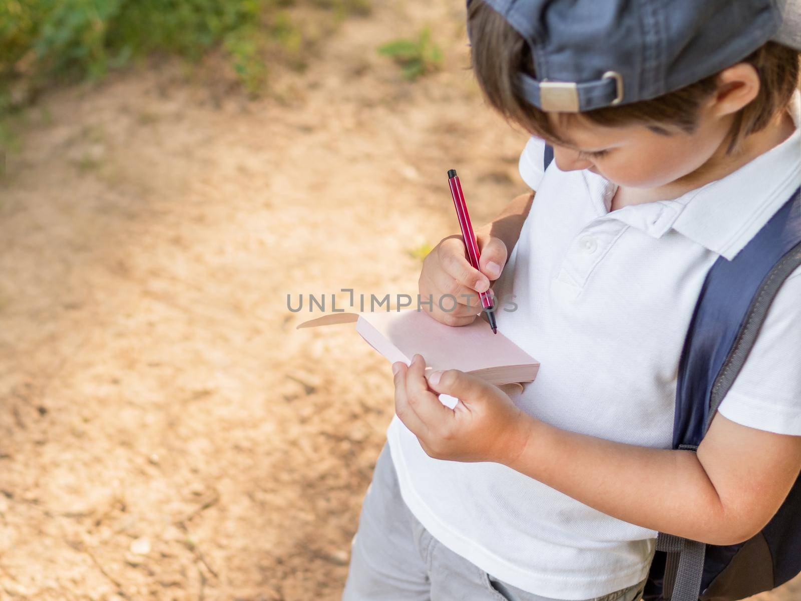 Mindful boy writes something in notebook while walking in forest. Exploring nature. Summer outdoor recreation. Healthy lifestyle. by aksenovko