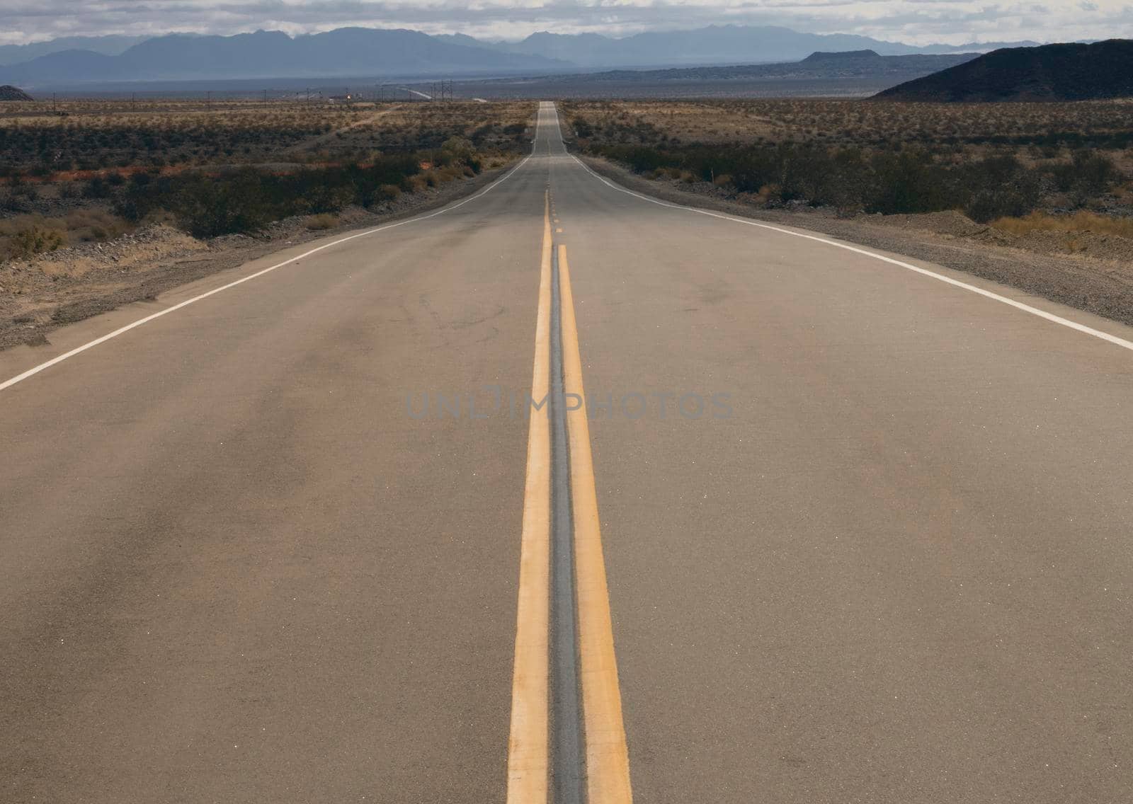 Long and straight road to the horizon under a cloudy sky