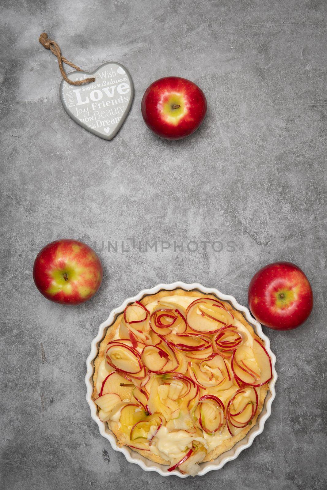 valentine's day rose apple pie, mother's day homemade cake, heart shaped pink. High quality photo