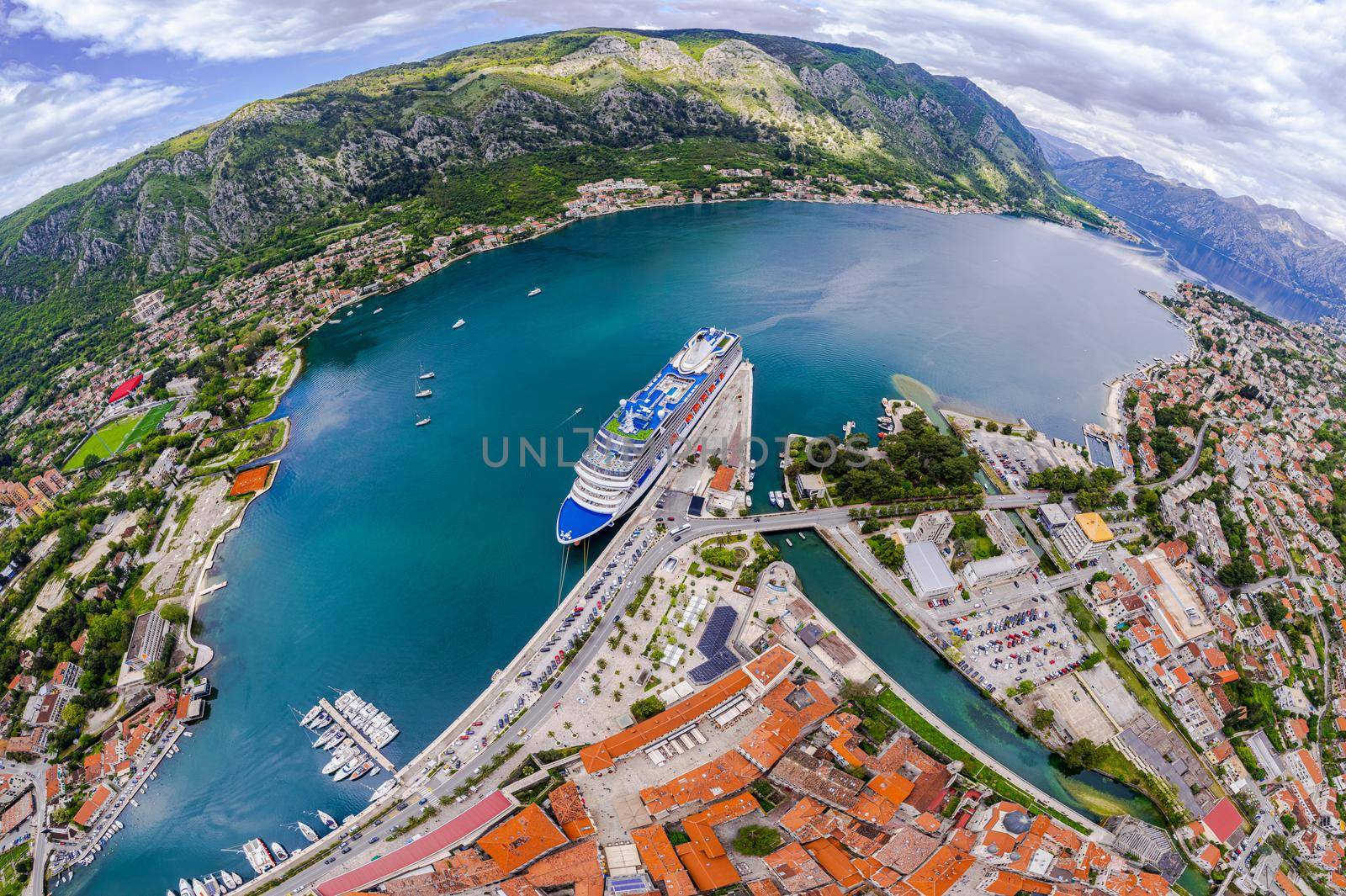 Montenegro Kotor spherical panorama old town. High quality photo