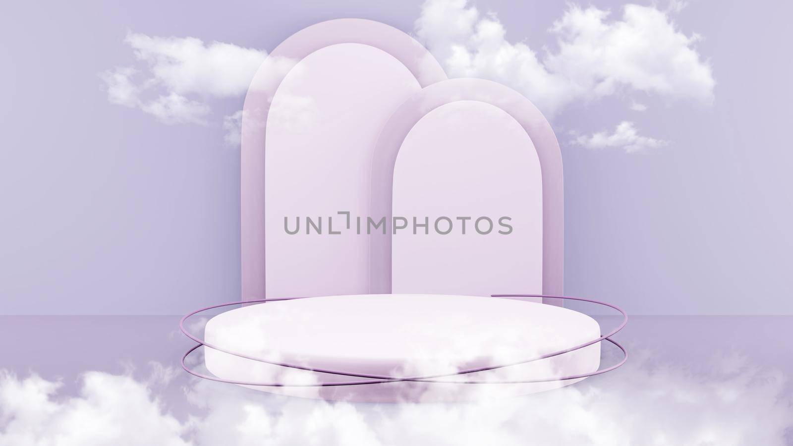 Minimalist purple pedestal for product presentation with minimal cloud. Showcase empty mockup template. Purple background. 3d render illustration.