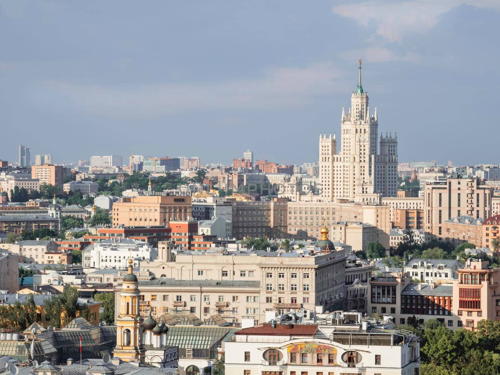 MOSCOW, RUSSIA - June 14, 2021. Panorama view on historic center of Moscow and USSR skyscraper on Kotelnicheskaya embankment. by aksenovko