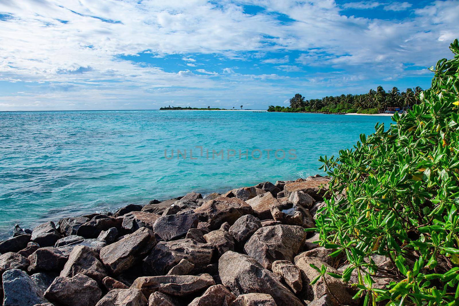 Maldive islands rock bay with ocean waves by kisika